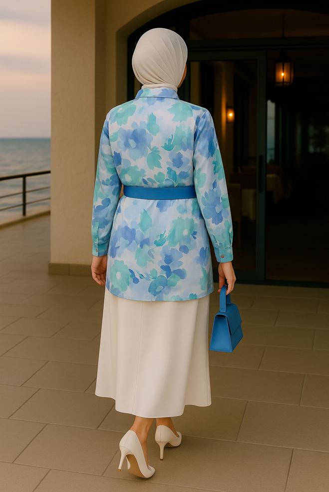 Tesettür giyim MAVİ DESENLİ BÜYÜK BEDEN TUNİK 20536 - ALVİNA