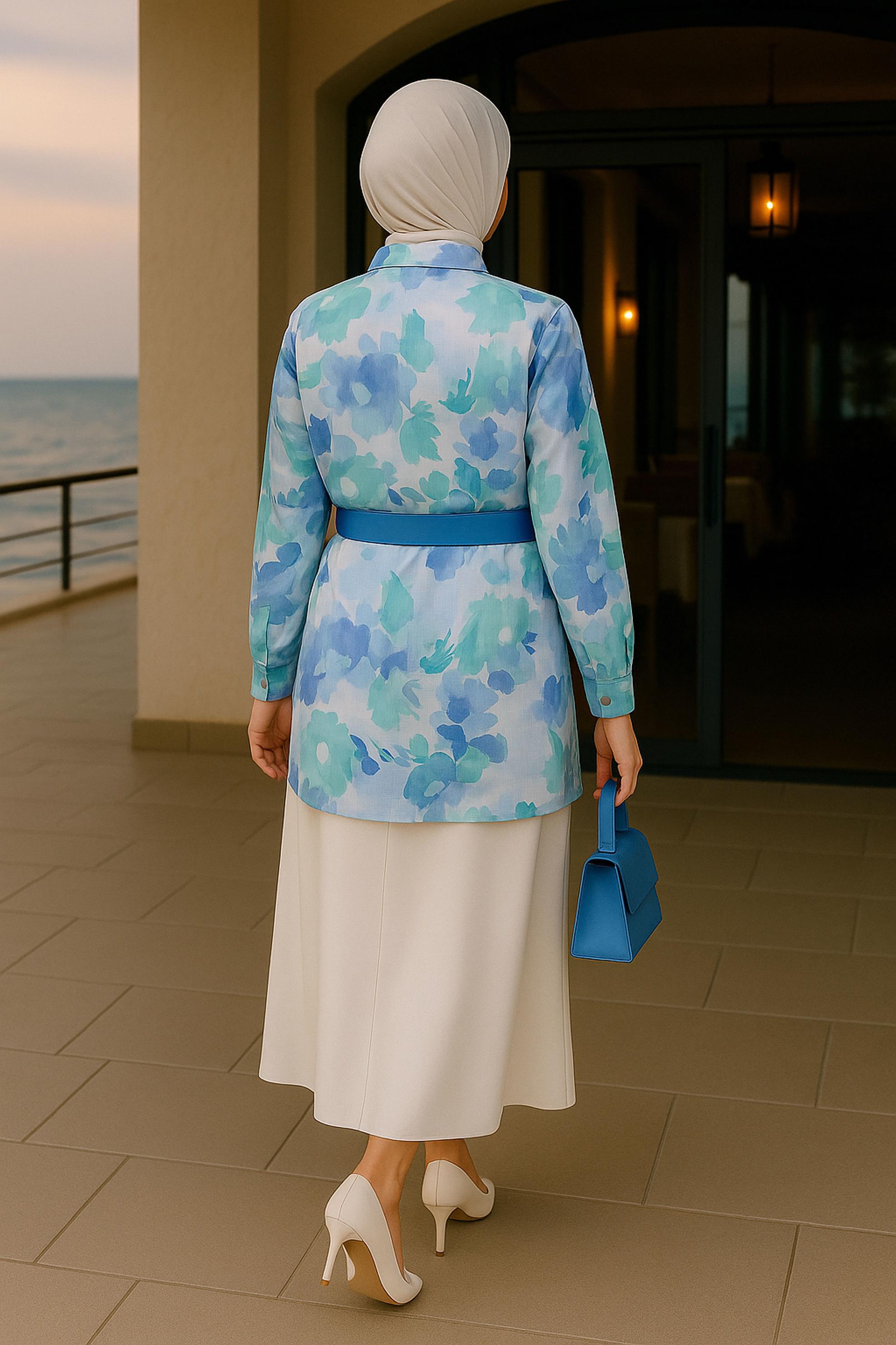 Tesettür giyim MAVİ DESENLİ BÜYÜK BEDEN TUNİK 20536