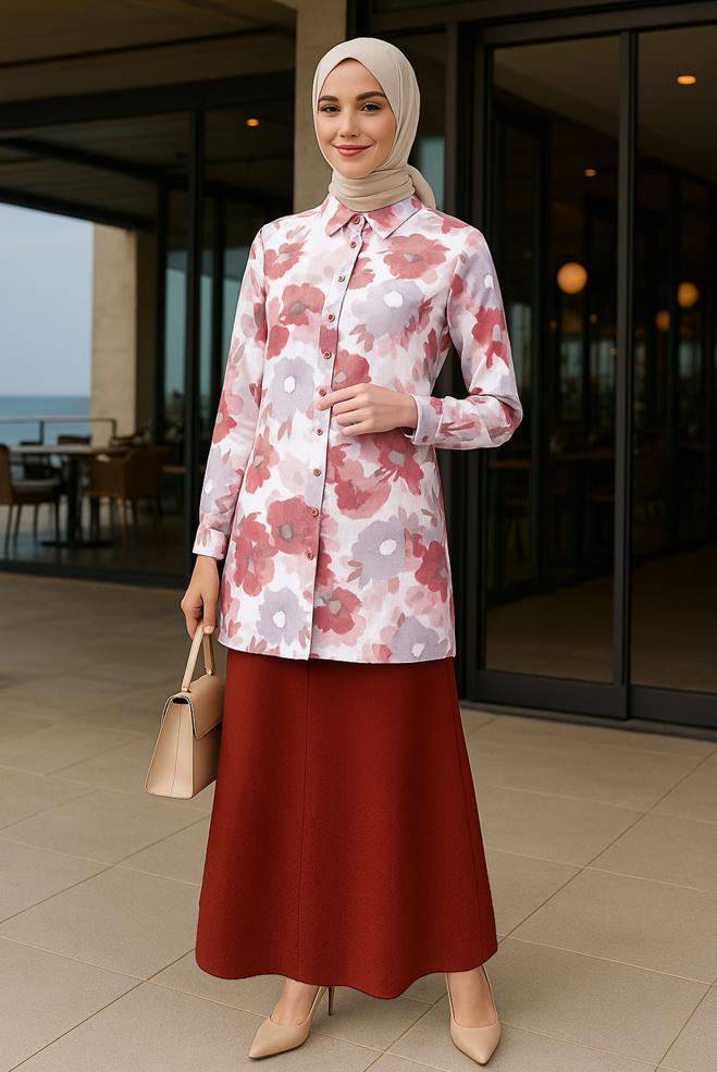 Tesettür giyim TURUNCU DESENLİ BÜYÜK BEDEN TUNİK 20536 - ALVİNA