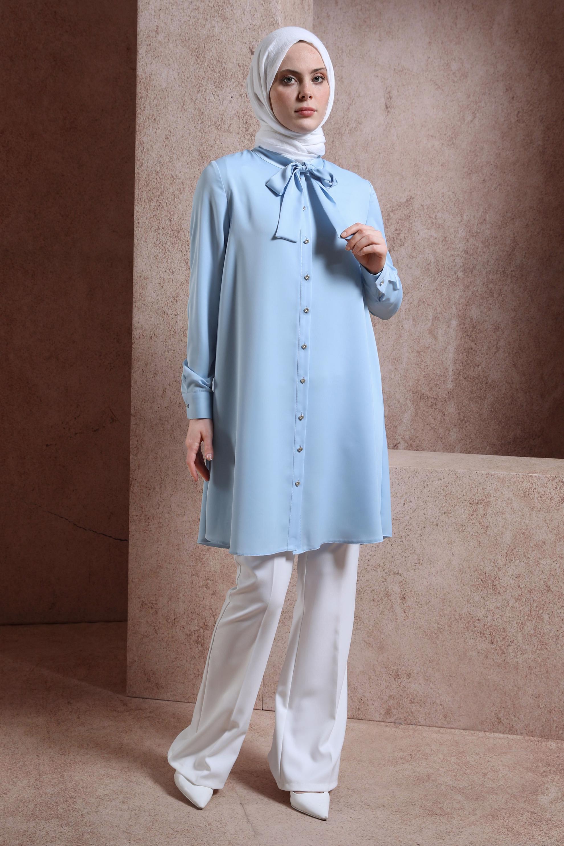 Tesettür giyim MAVİ YAKASI BAĞLAMALI TUNİK 43415