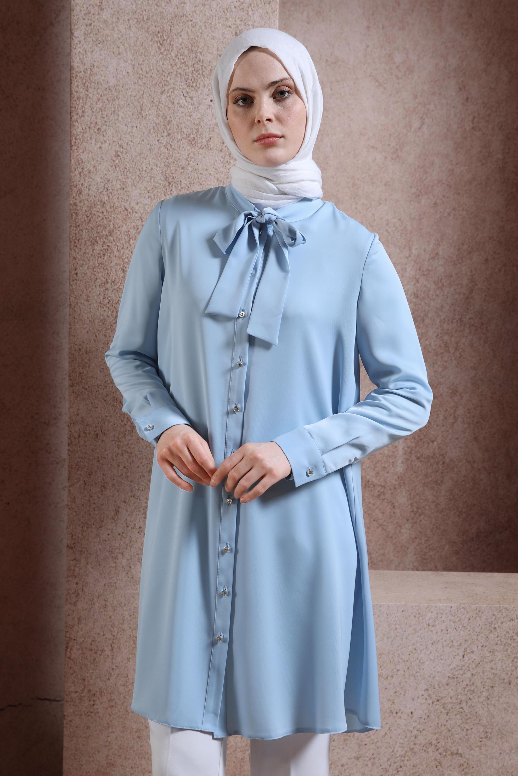 Tesettür giyim MAVİ YAKASI BAĞLAMALI TUNİK 43415