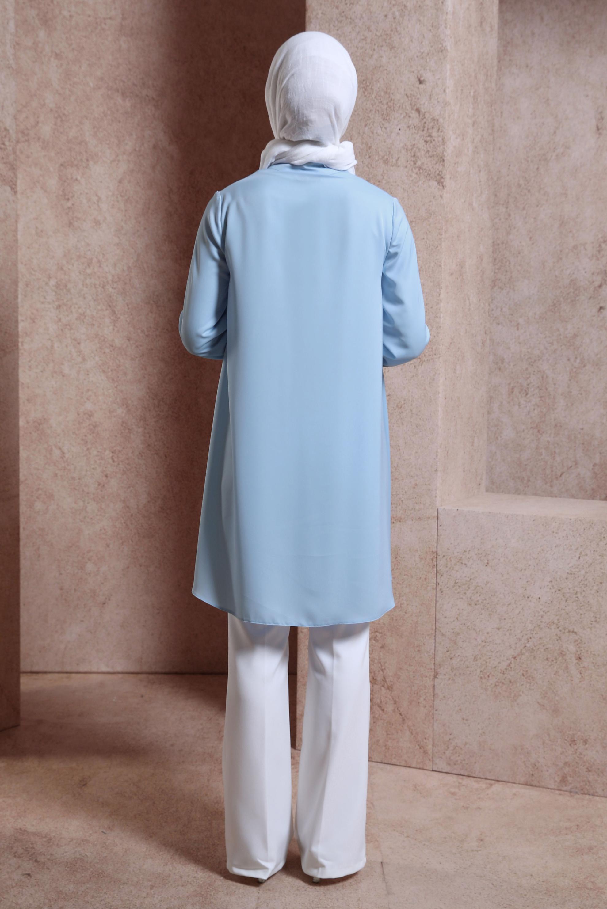 Tesettür giyim MAVİ YAKASI BAĞLAMALI TUNİK 43415