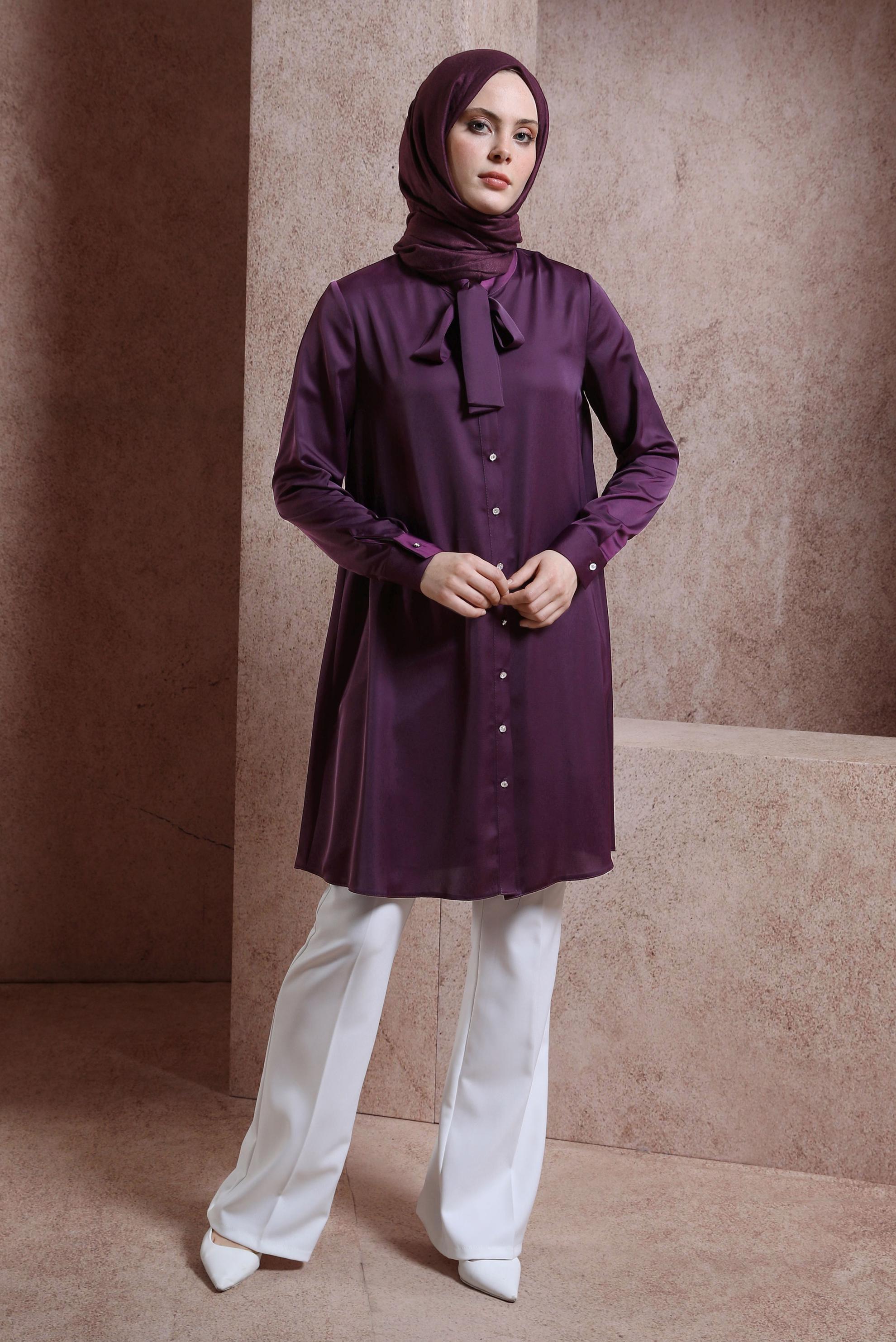 Tesettür giyim MOR YAKASI BAĞLAMALI TUNİK 43415