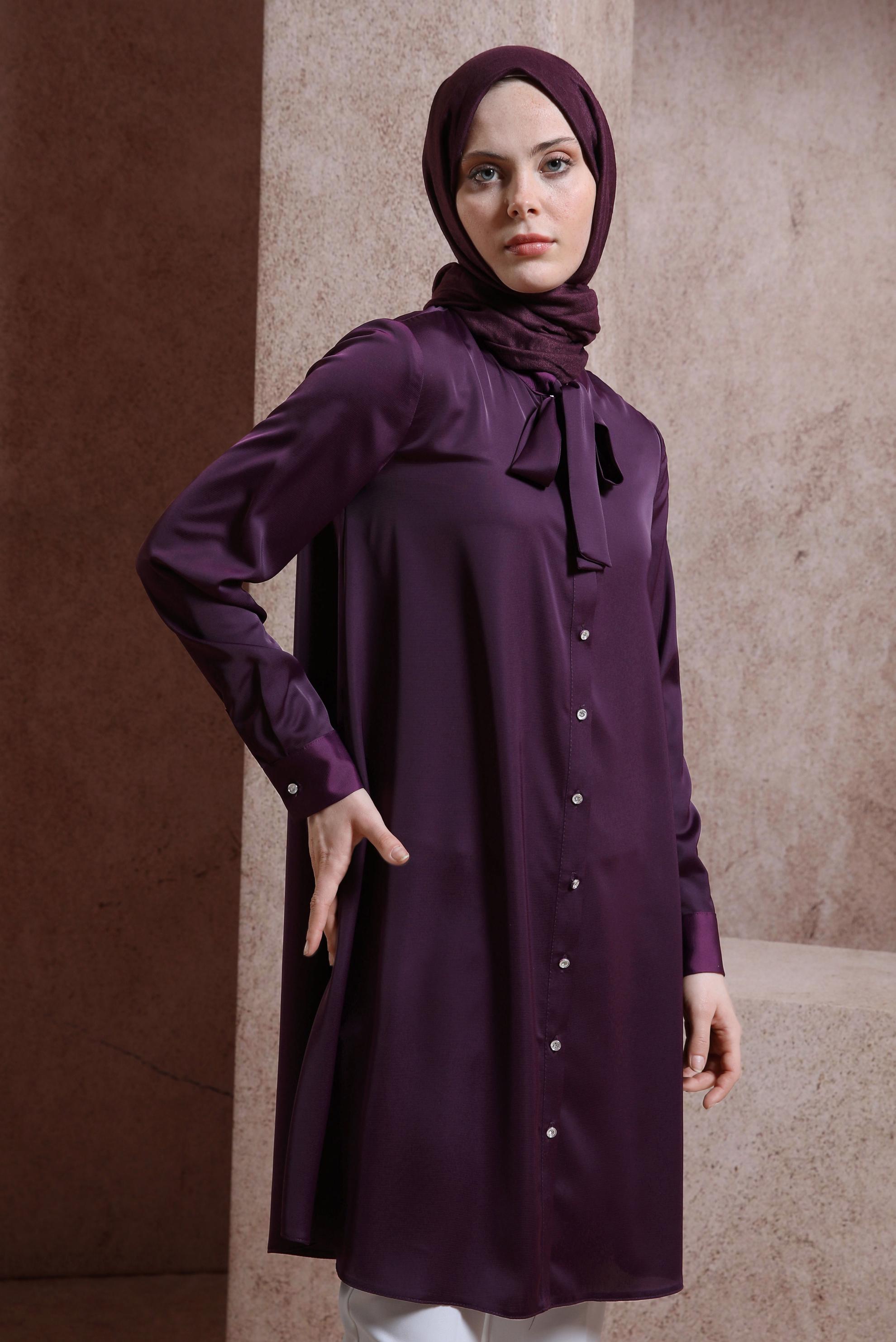 Tesettür giyim MOR YAKASI BAĞLAMALI TUNİK 43415