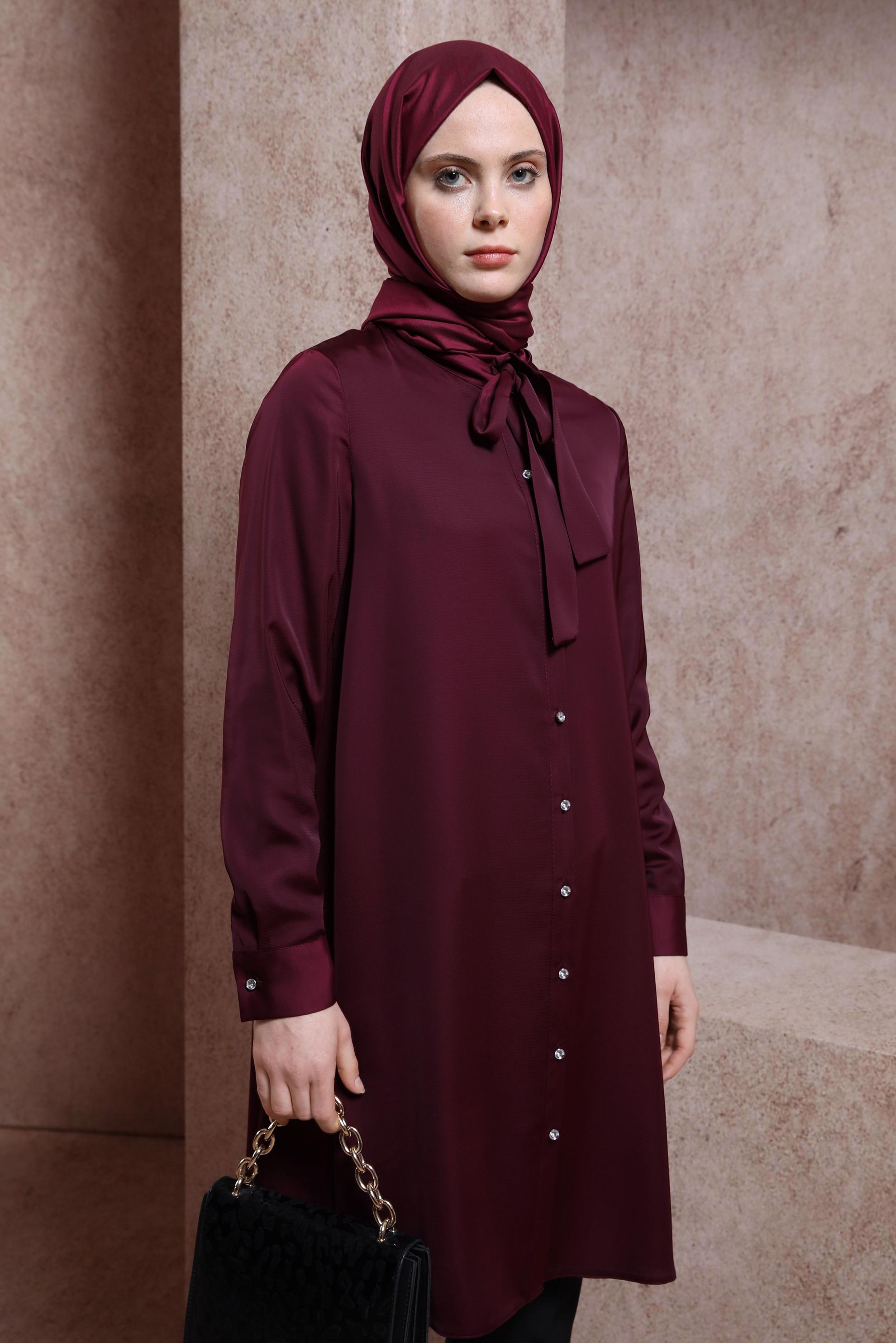 Tesettür giyim BORDO YAKASI BAĞLAMALI TUNİK 43415