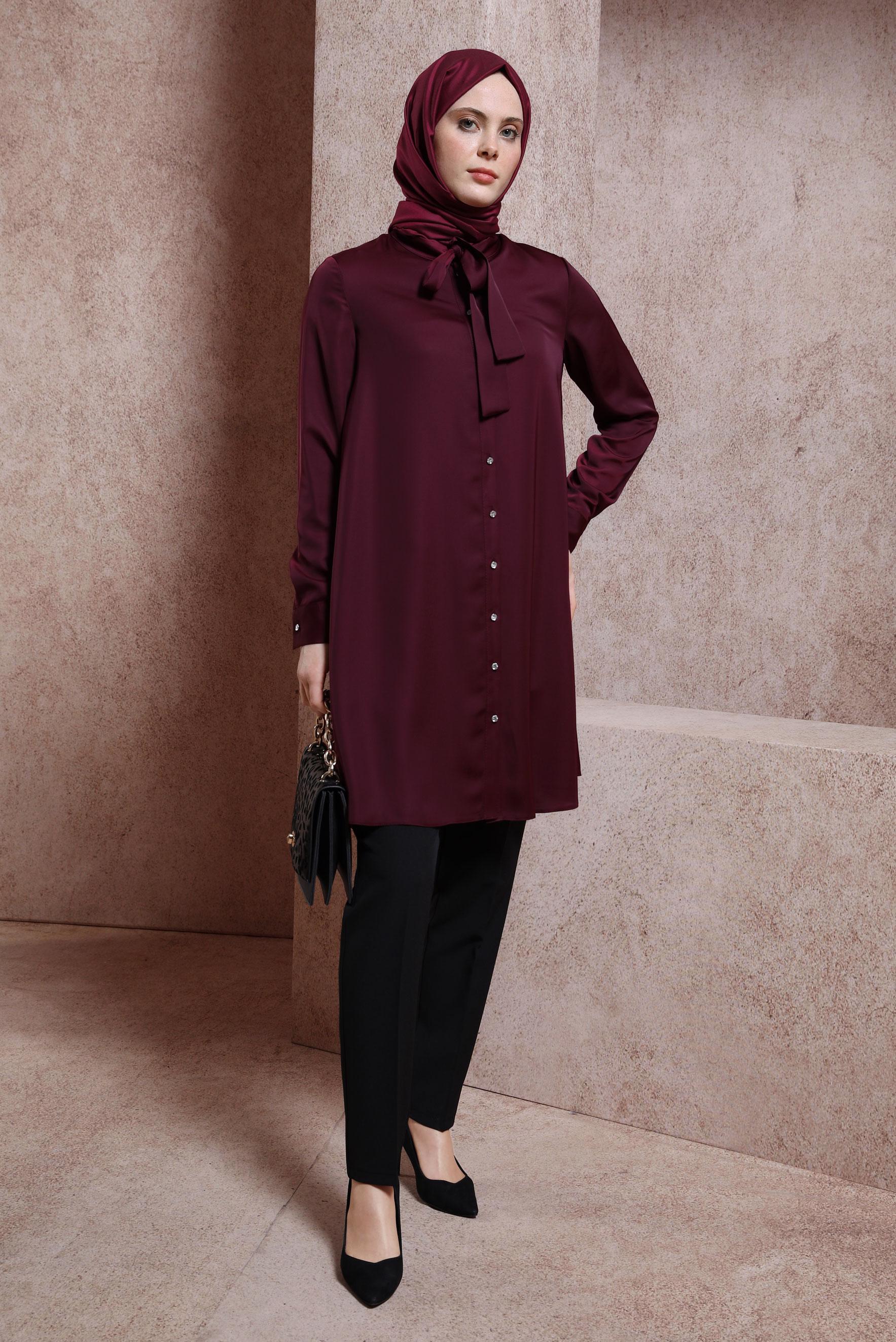 Tesettür giyim BORDO YAKASI BAĞLAMALI TUNİK 43415