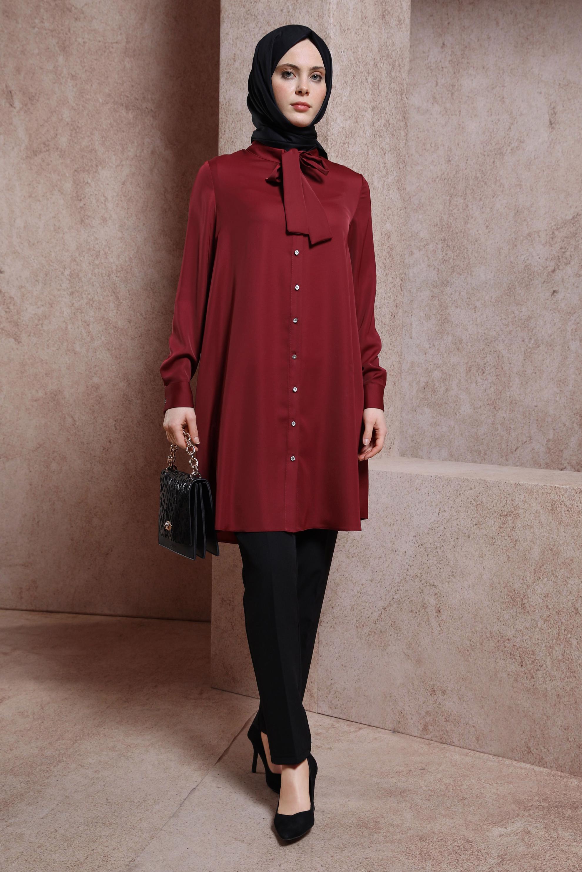Tesettür giyim KIRMIZI YAKASI BAĞLAMALI TUNİK 43415