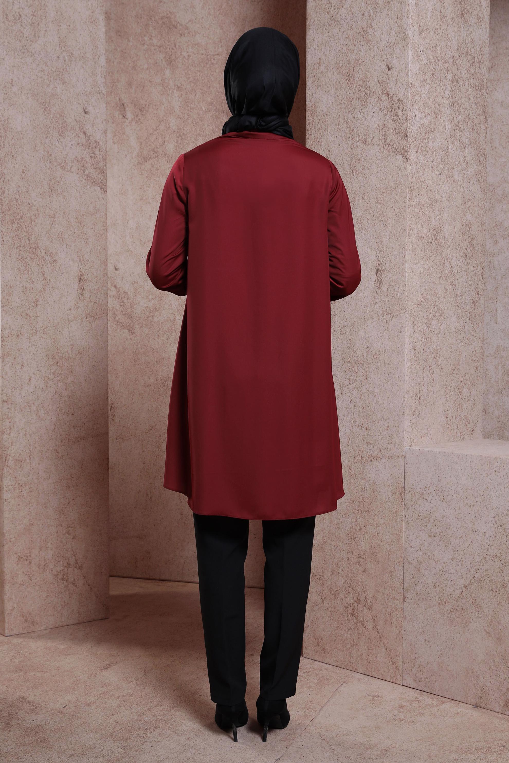 Tesettür giyim KIRMIZI YAKASI BAĞLAMALI TUNİK 43415