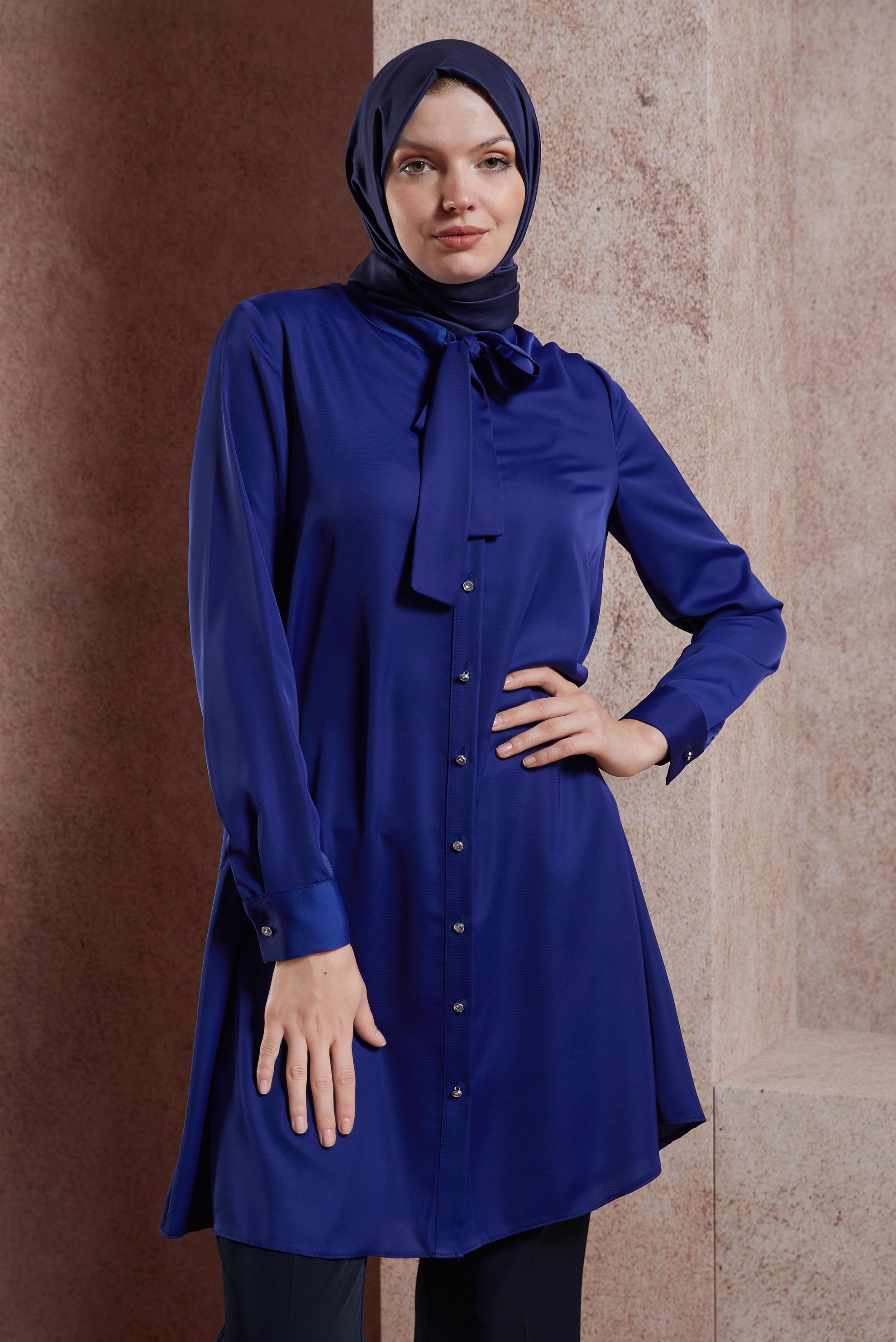 Tesettür giyim LACİVERT YAKASI BAĞLAMALI TUNİK 43415