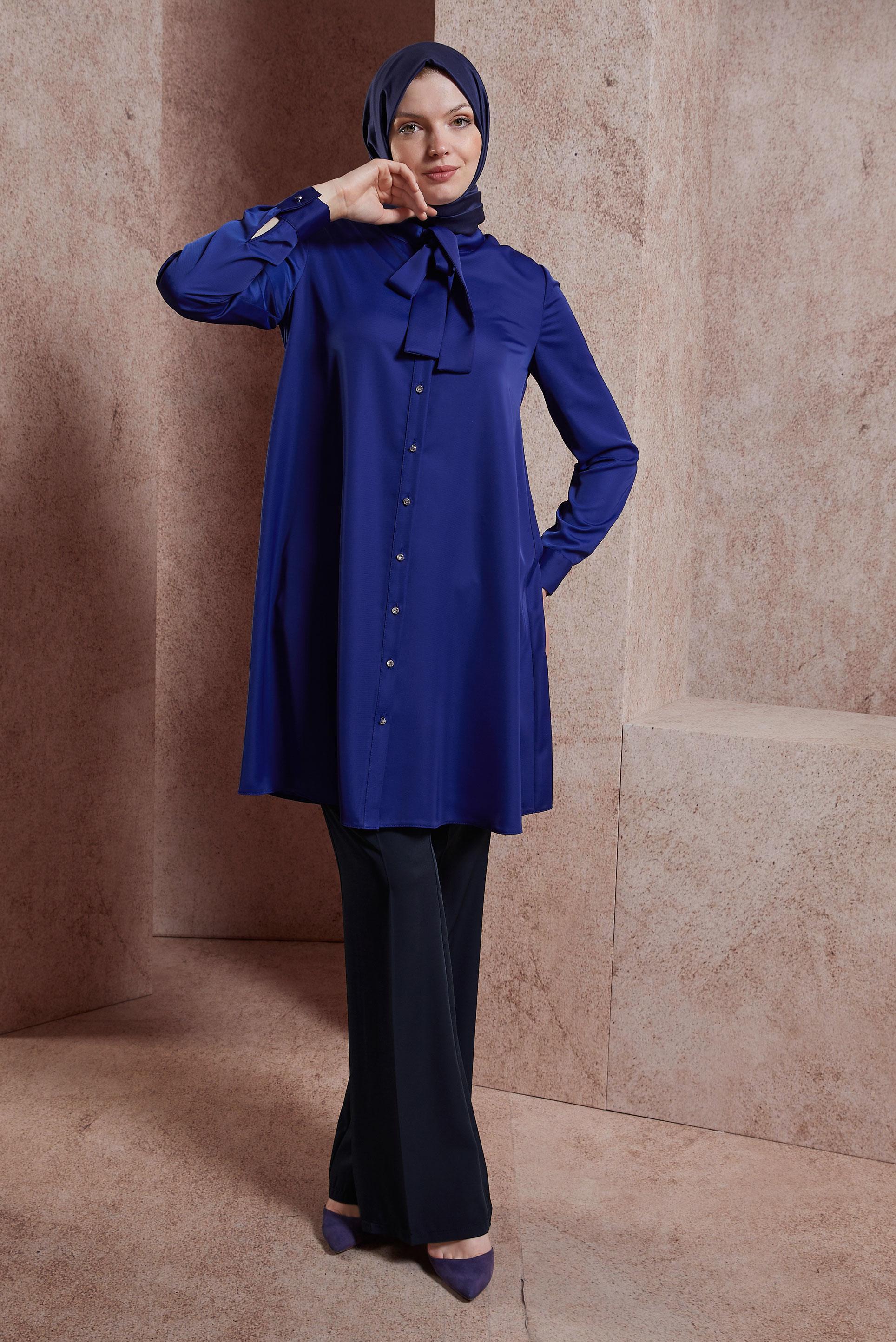 Tesettür giyim LACİVERT YAKASI BAĞLAMALI TUNİK 43415