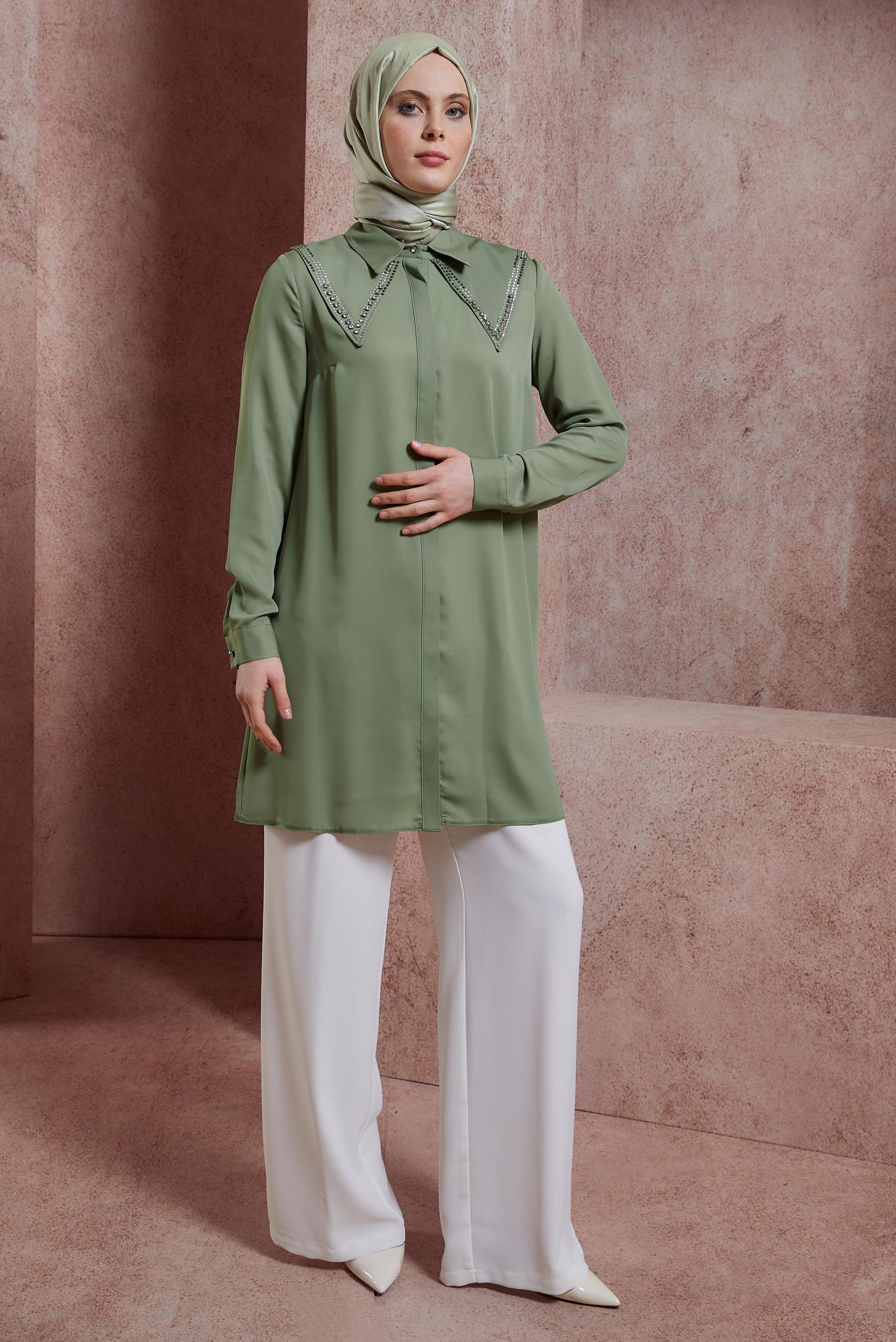 Tesettür giyim HAKİ TAŞ BASKILI TUNİK 43920