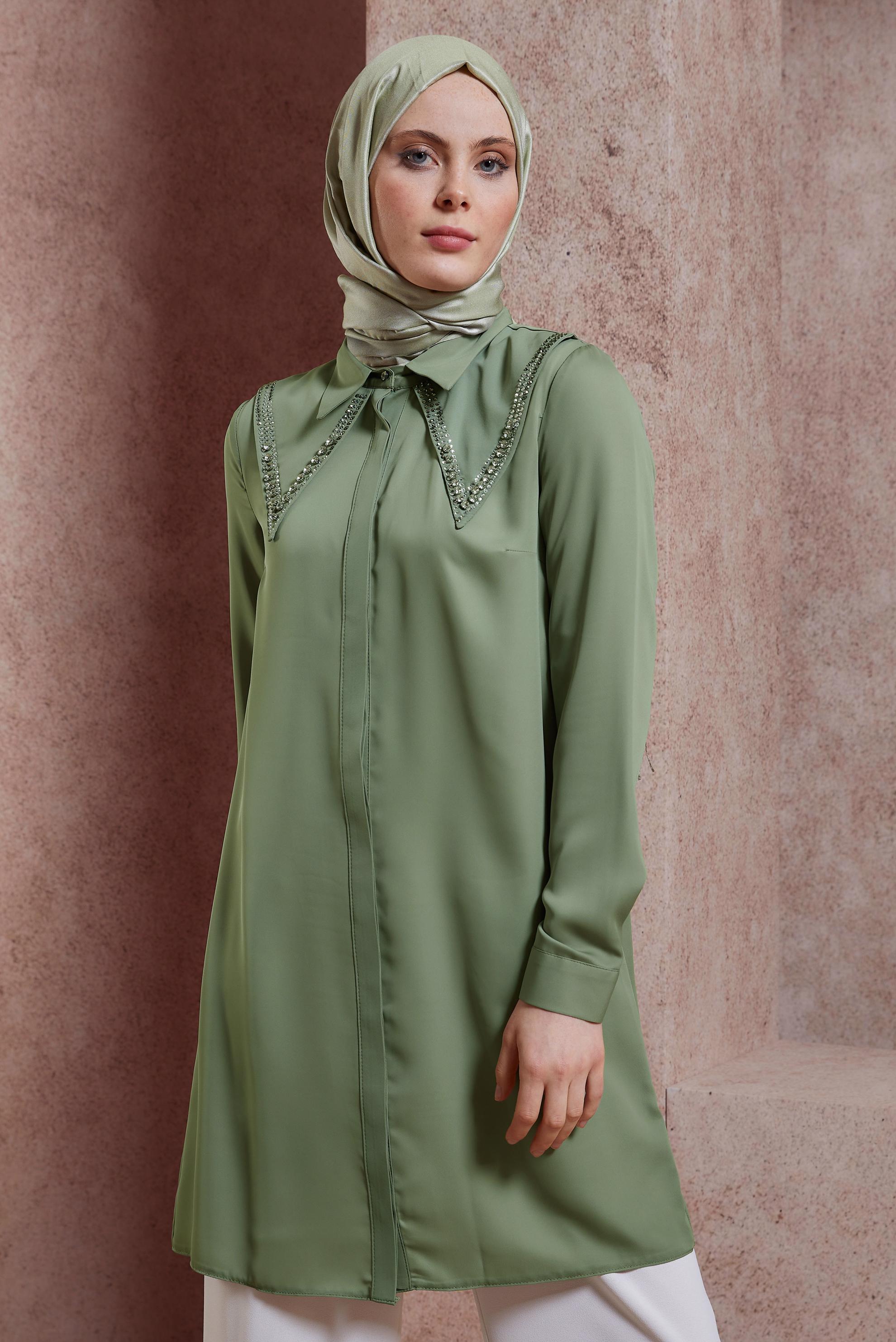 Tesettür giyim HAKİ TAŞ BASKILI TUNİK 43920