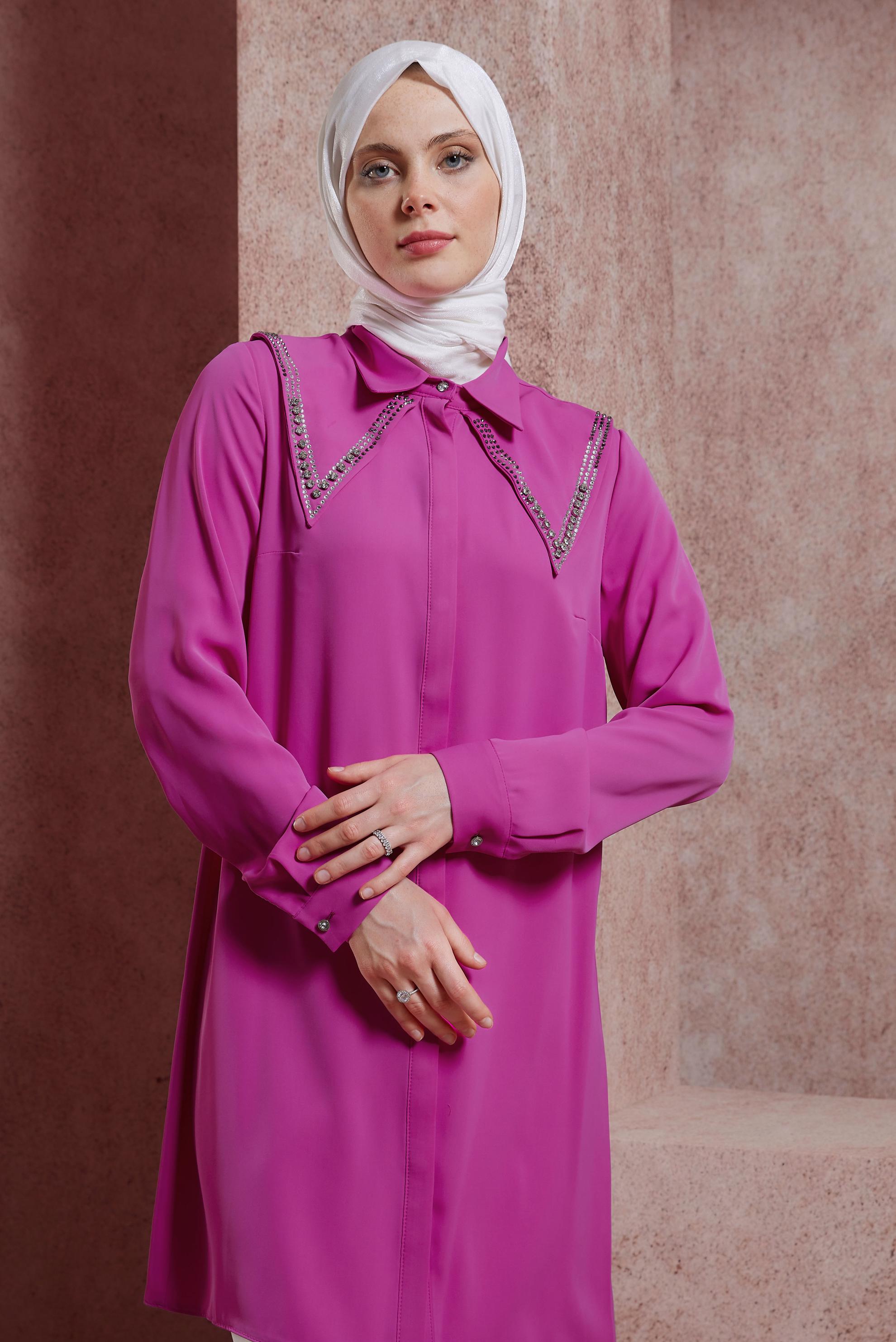 Tesettür giyim FUŞYA TAŞ BASKILI TUNİK 43920