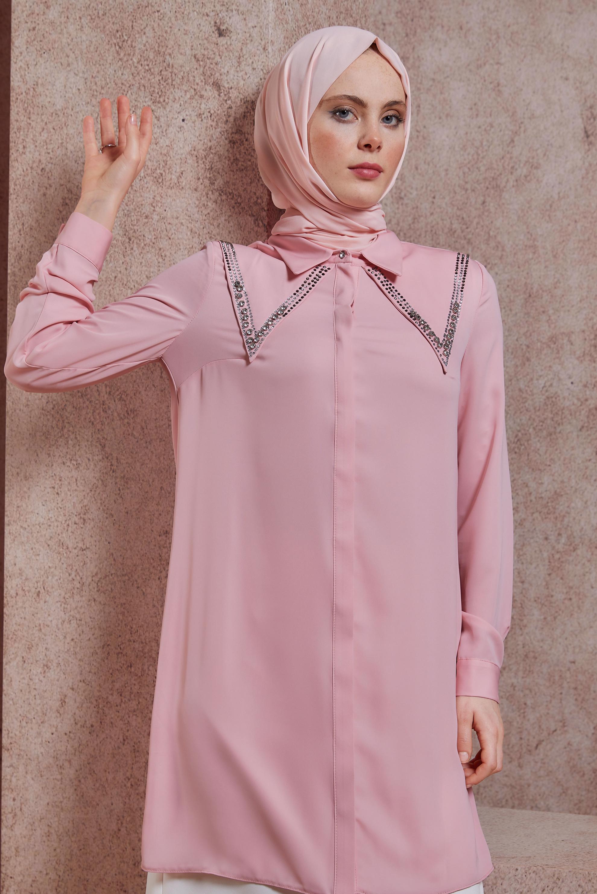 Tesettür giyim PEMBE TAŞ BASKILI TUNİK 43920