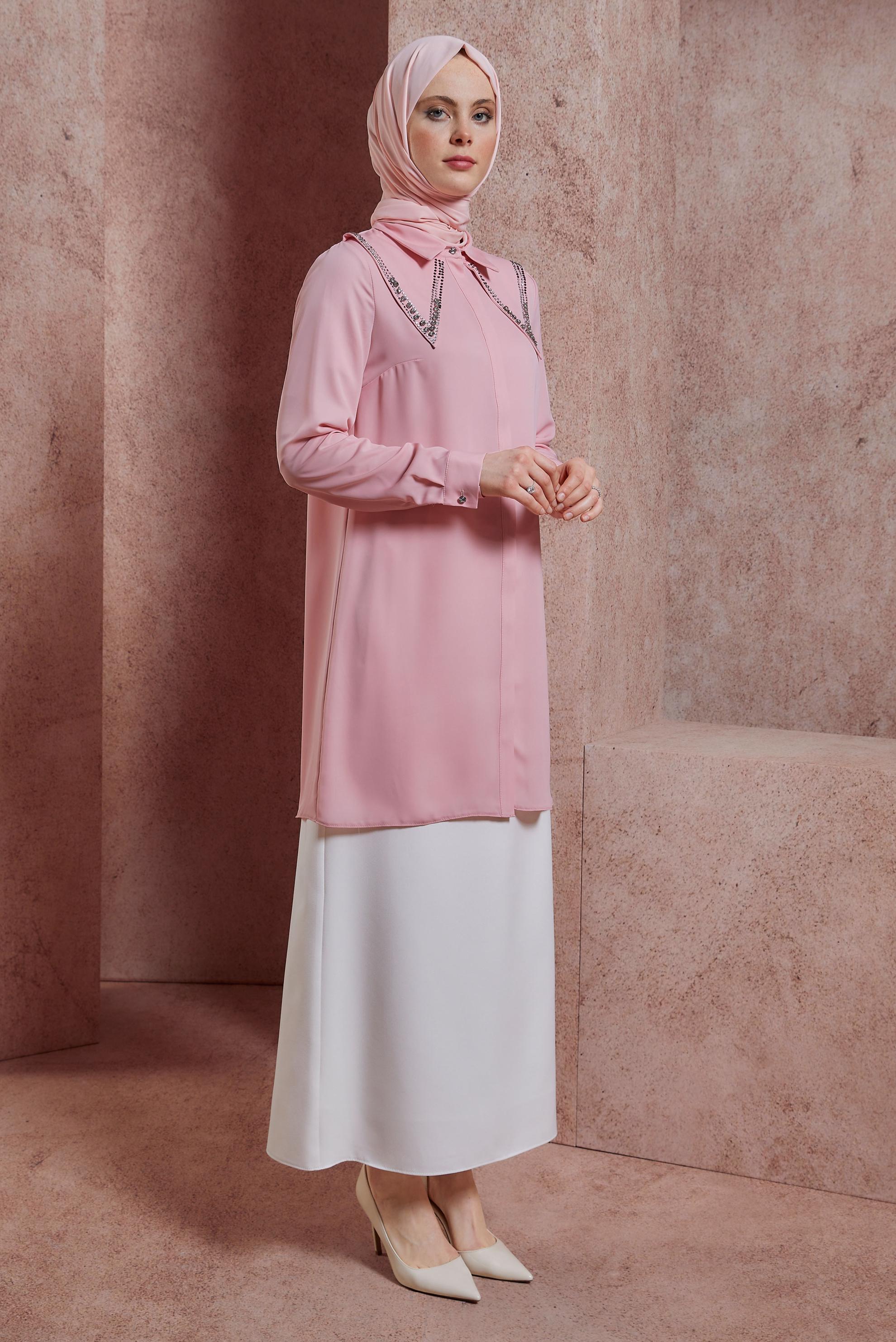 Tesettür giyim PEMBE TAŞ BASKILI TUNİK 43920