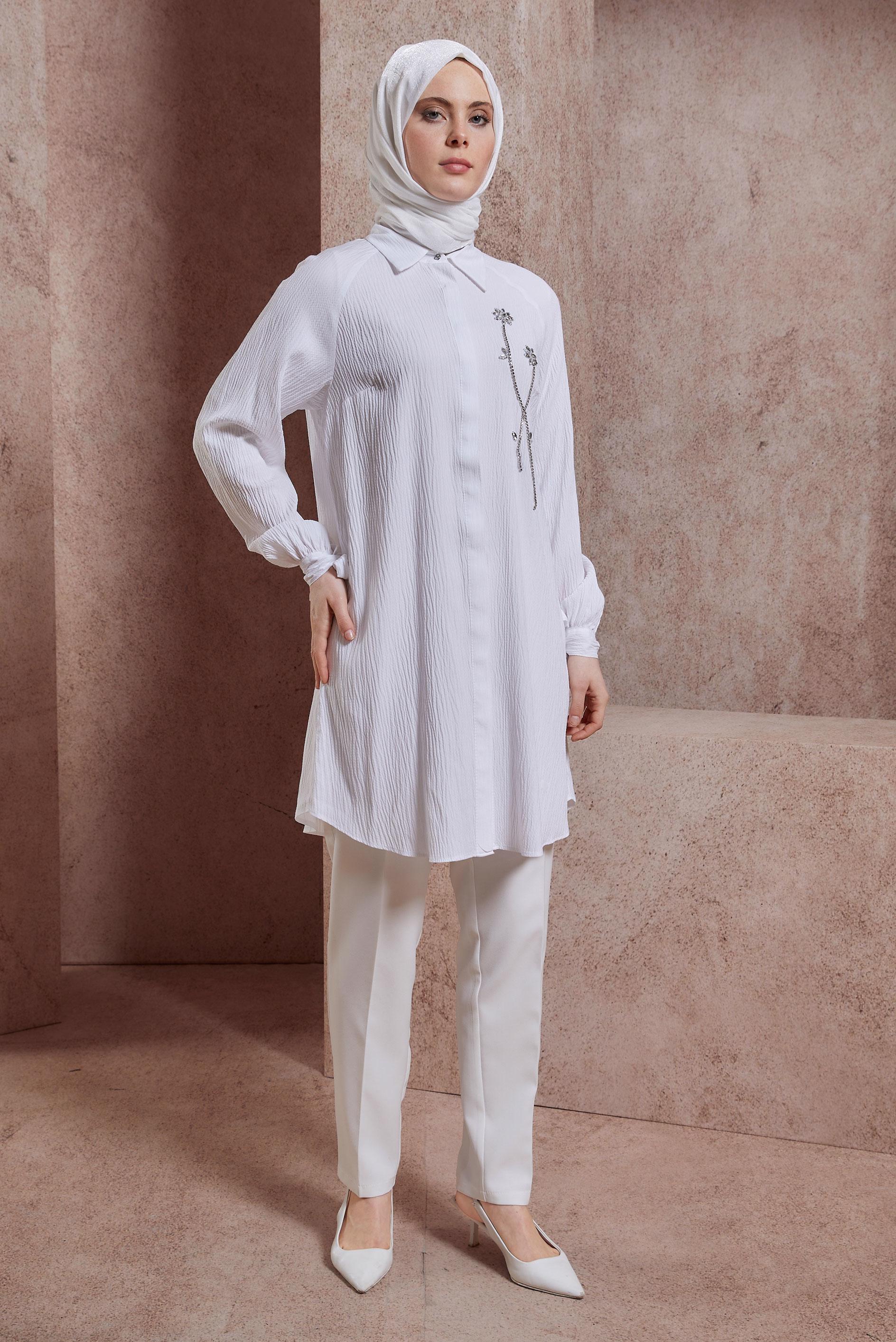 Tesettür giyim BEYAZ TAŞ BASKILI TUNİK 43921