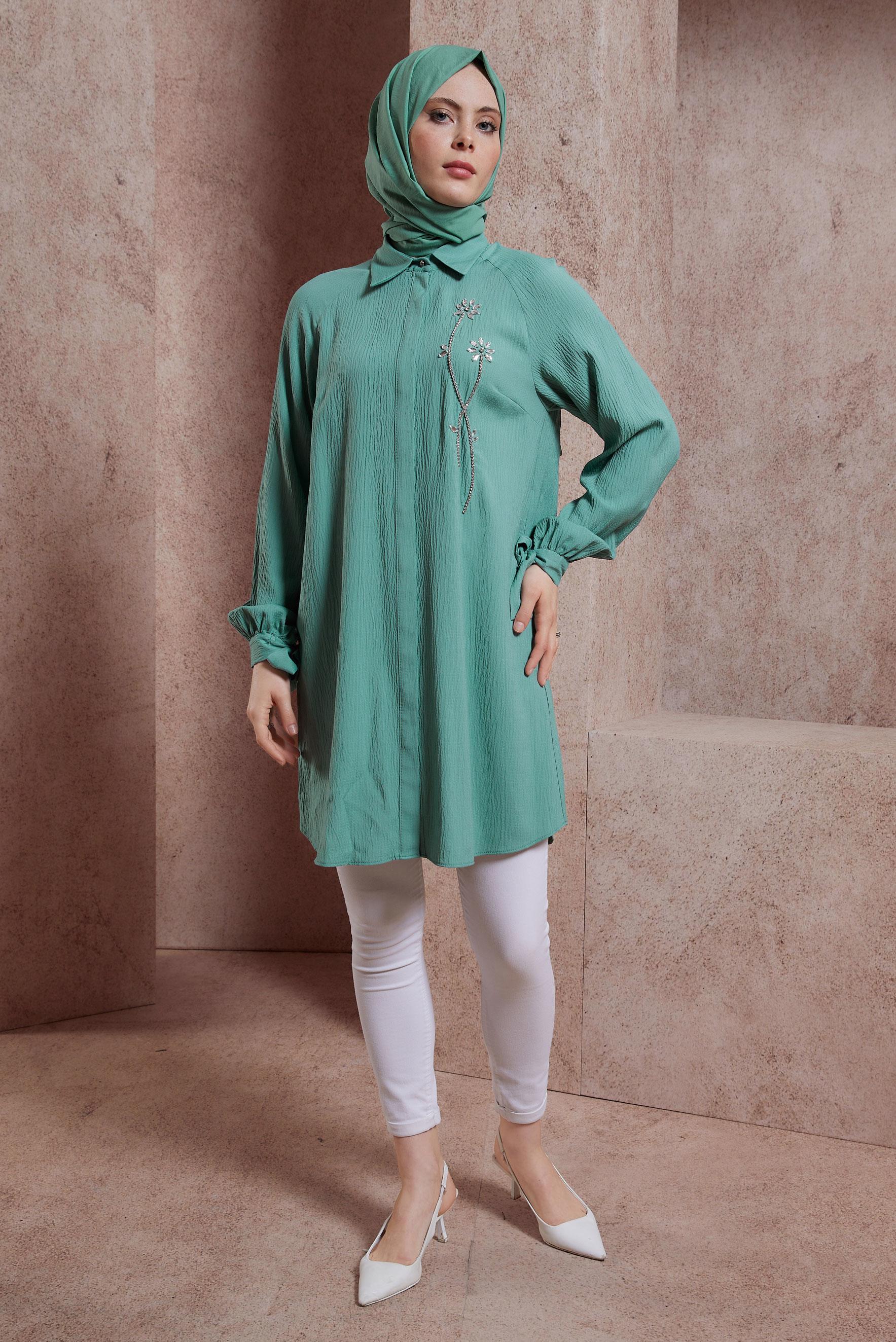 Tesettür giyim YEŞİL TAŞ BASKILI TUNİK 43921