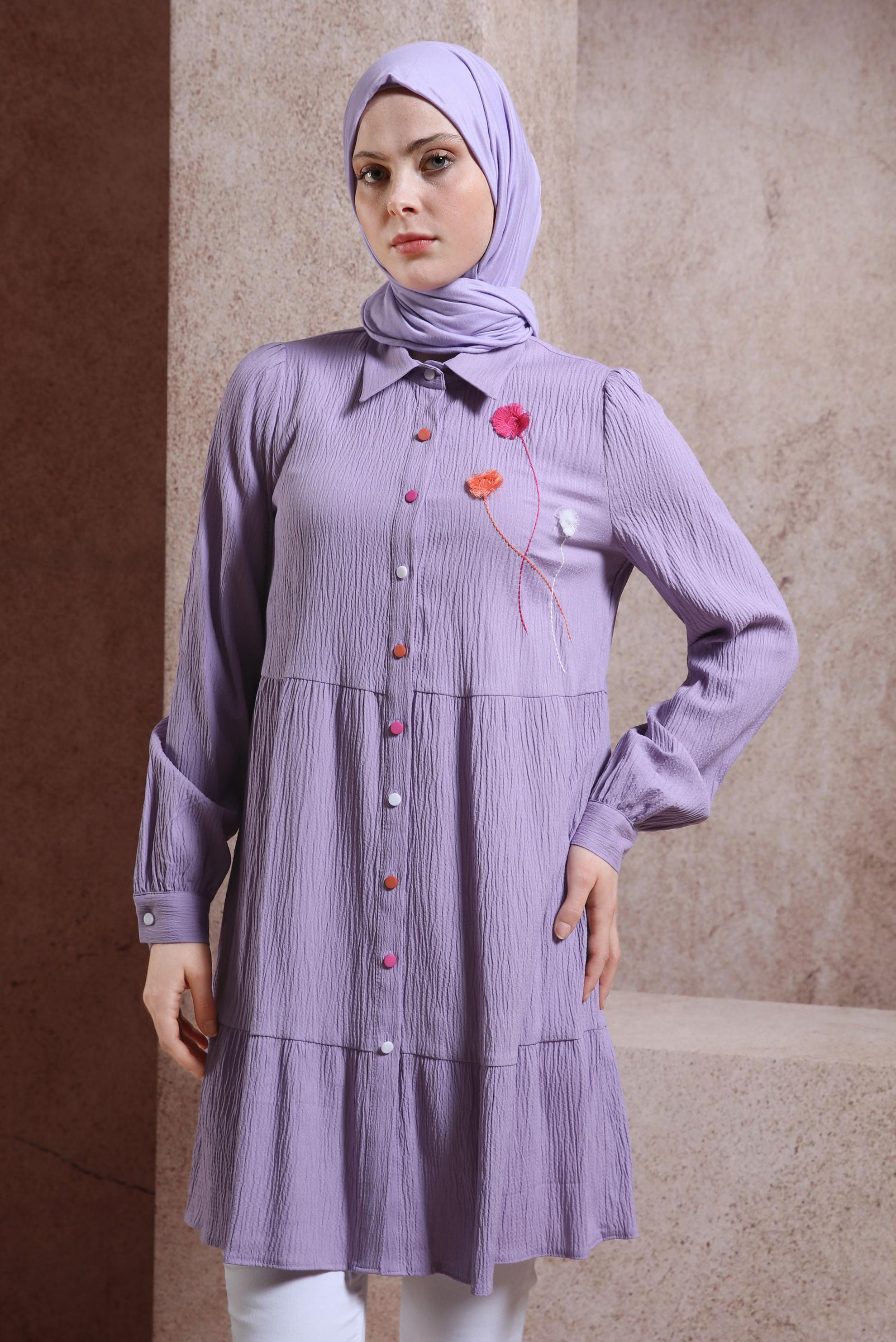 Tesettür giyim MOR PÜSKÜL DETAYLI TUNİK 43926