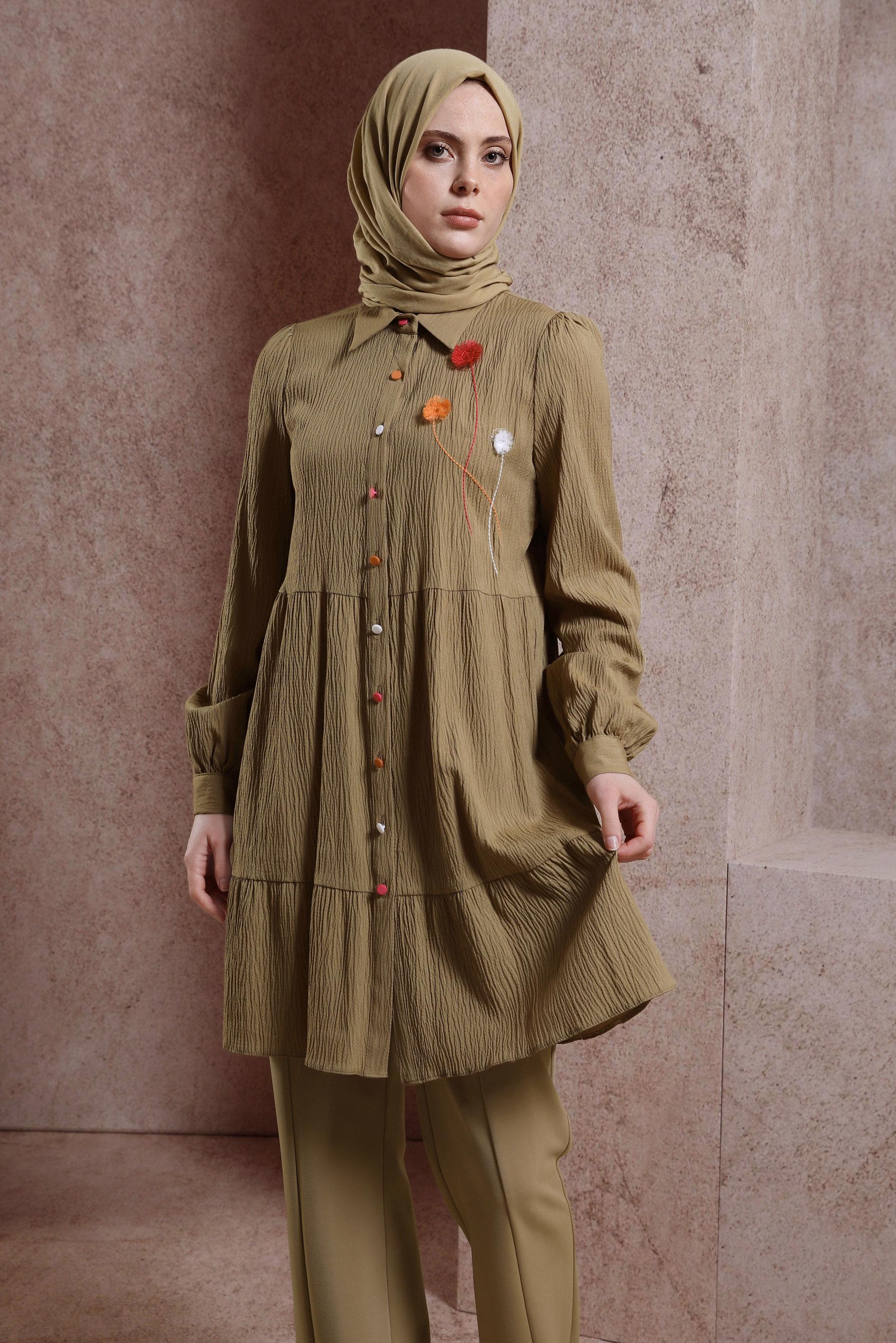 Tesettür giyim KAHVE PÜSKÜL DETAYLI TUNİK 43926