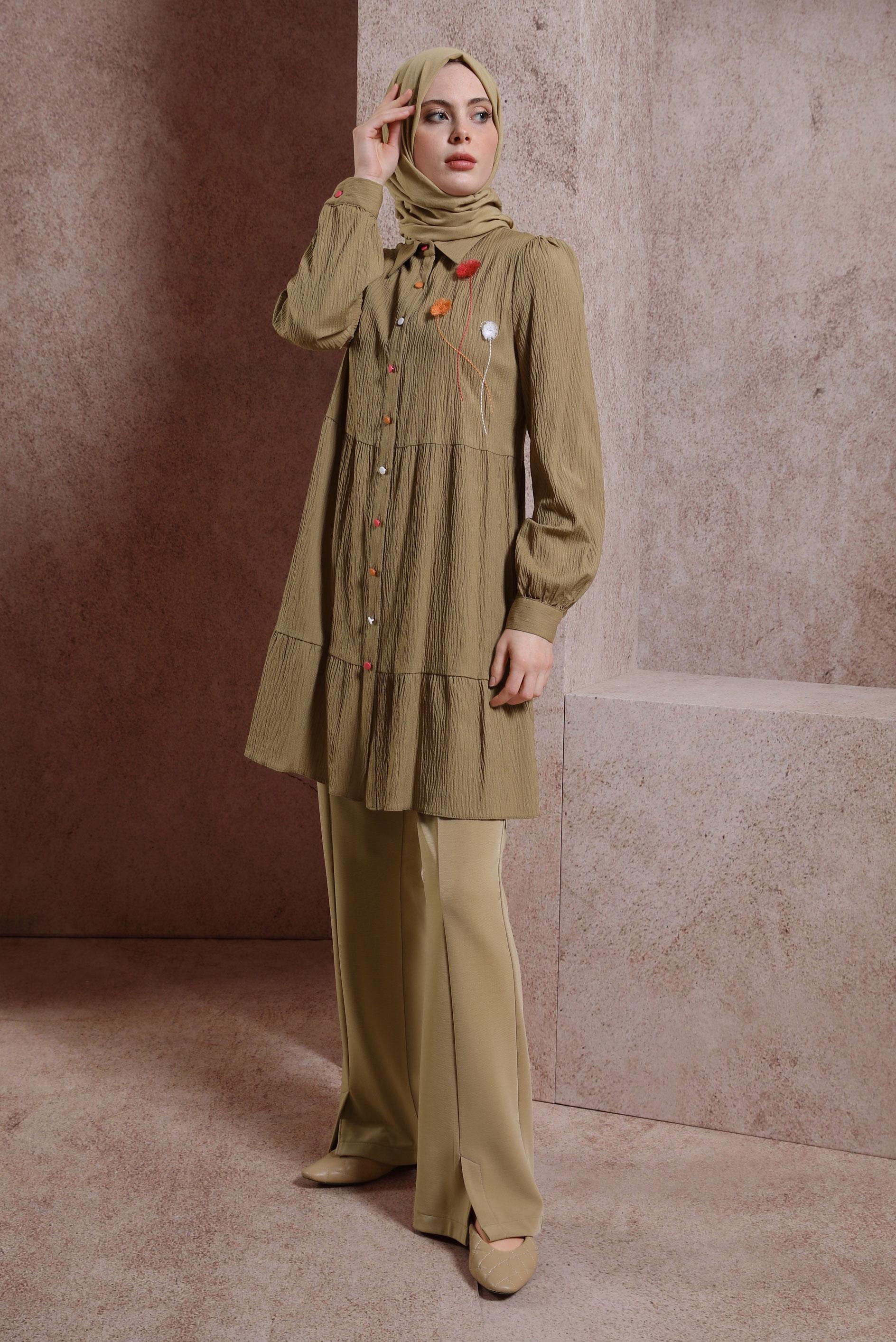 Tesettür giyim KAHVE PÜSKÜL DETAYLI TUNİK 43926