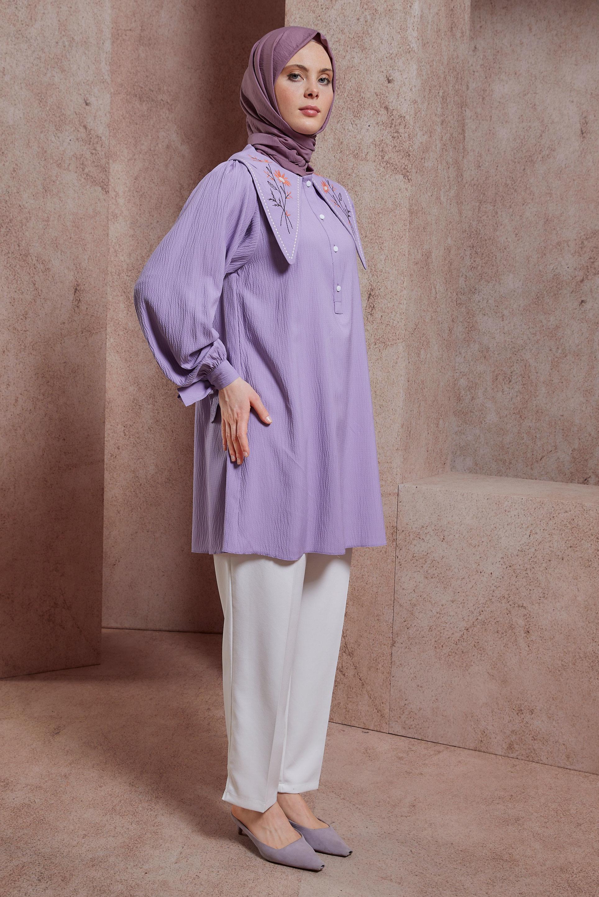 Tesettür giyim MOR İŞLEMELİ YAKA TUNİK 43929