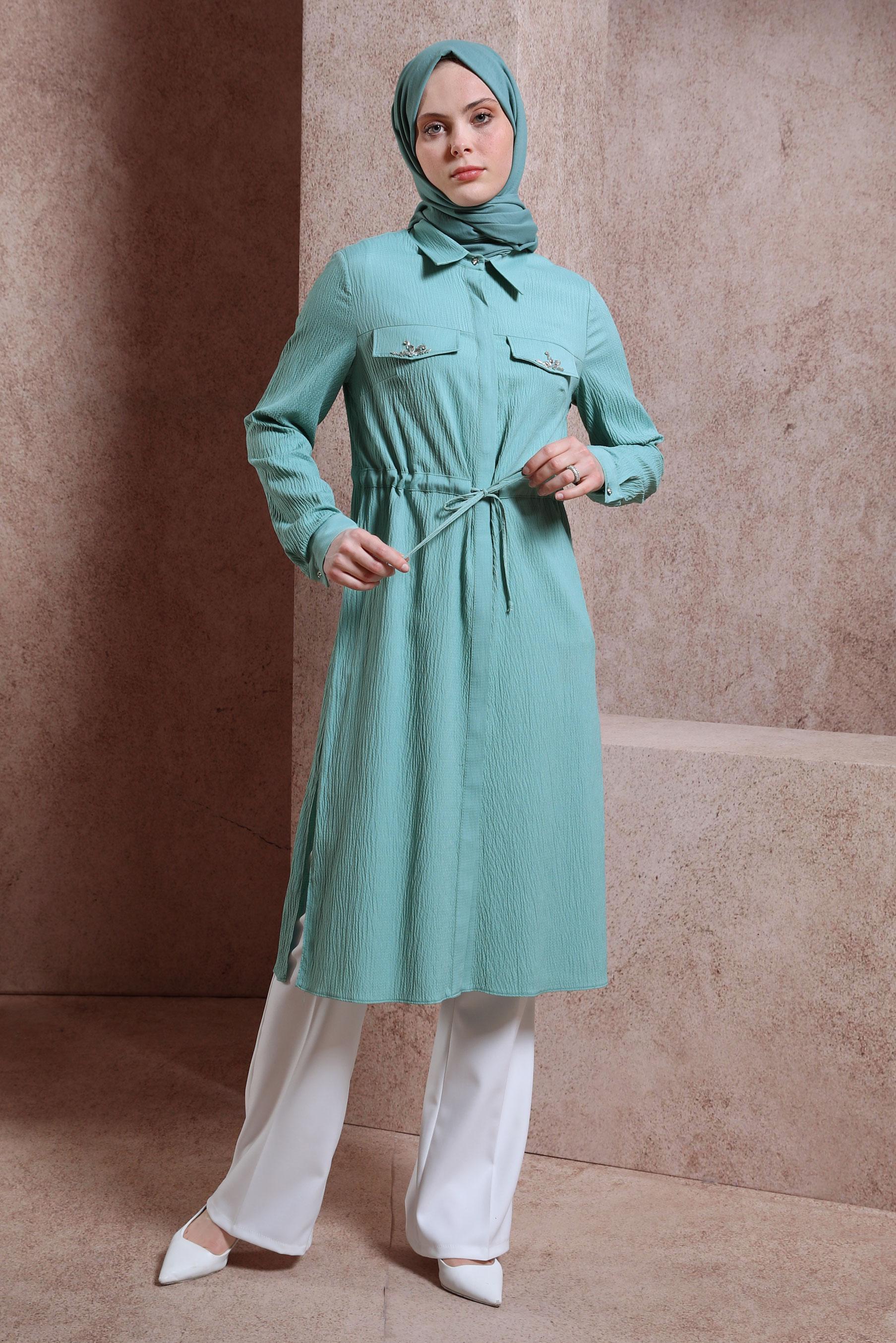 Tesettür giyim MAVİ TAŞLI BELİ BÜZGÜLÜ TUNİK 43930