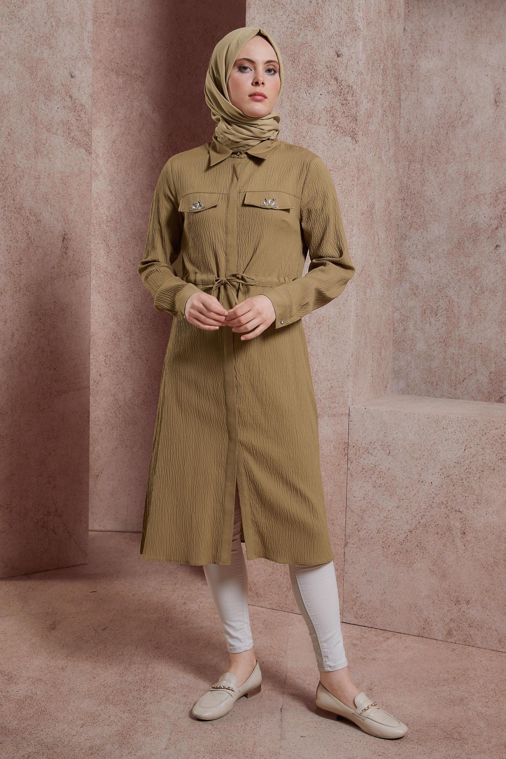 Tesettür giyim KAHVE TAŞLI BELİ BÜZGÜLÜ TUNİK 43930