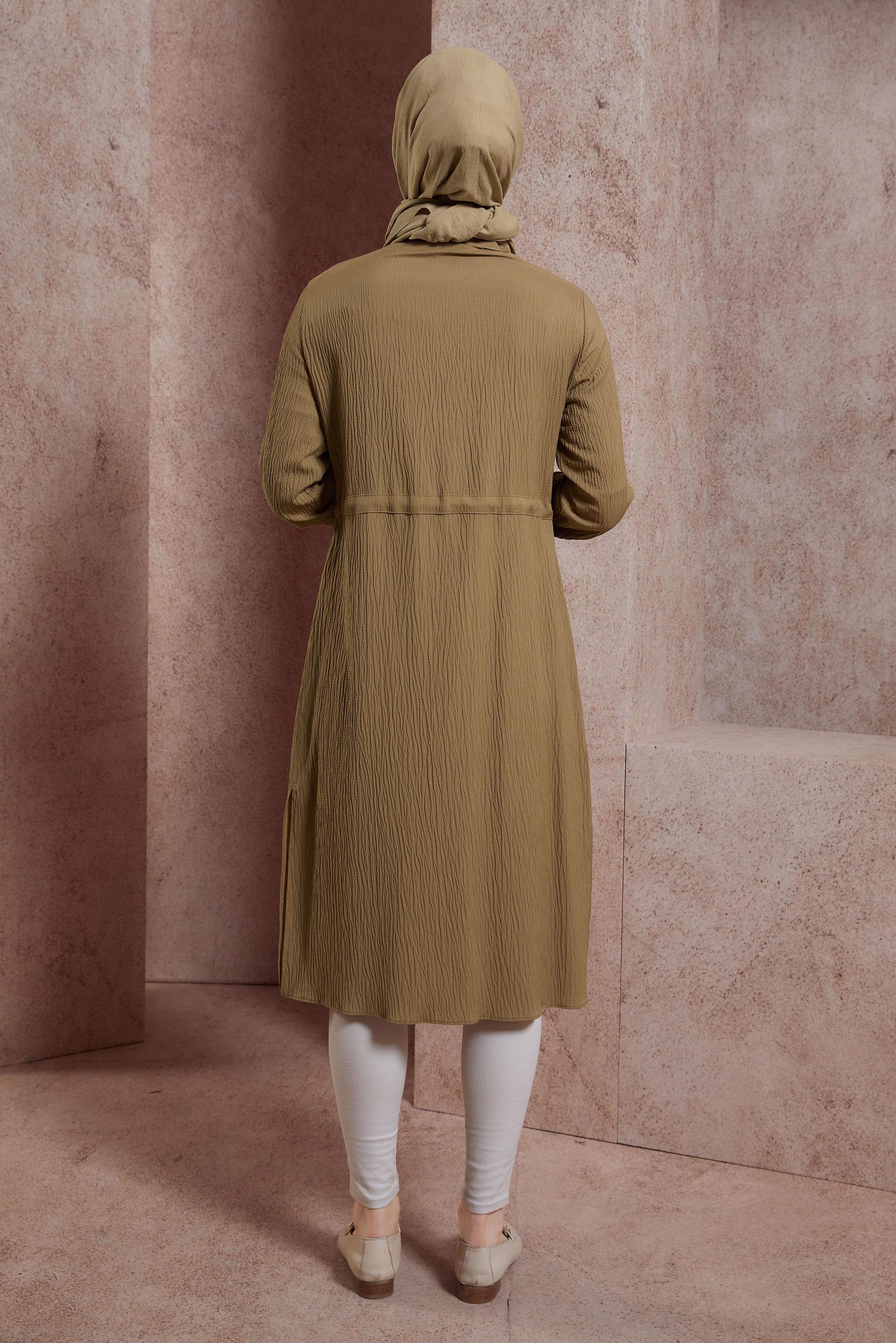 Tesettür giyim KAHVE TAŞLI BELİ BÜZGÜLÜ TUNİK 43930