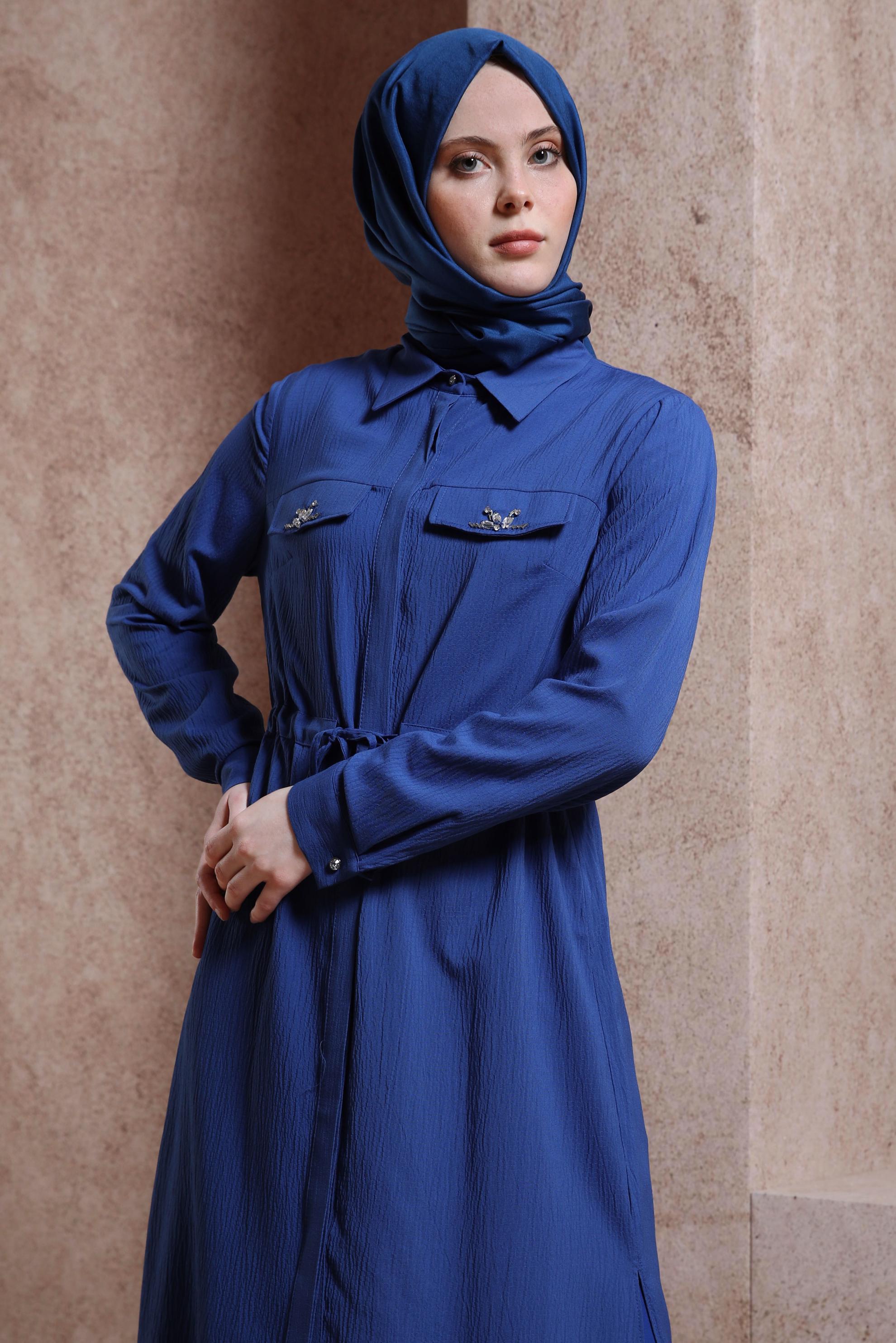 Tesettür giyim LACİVERT TAŞLI BELİ BÜZGÜLÜ TUNİK 43930