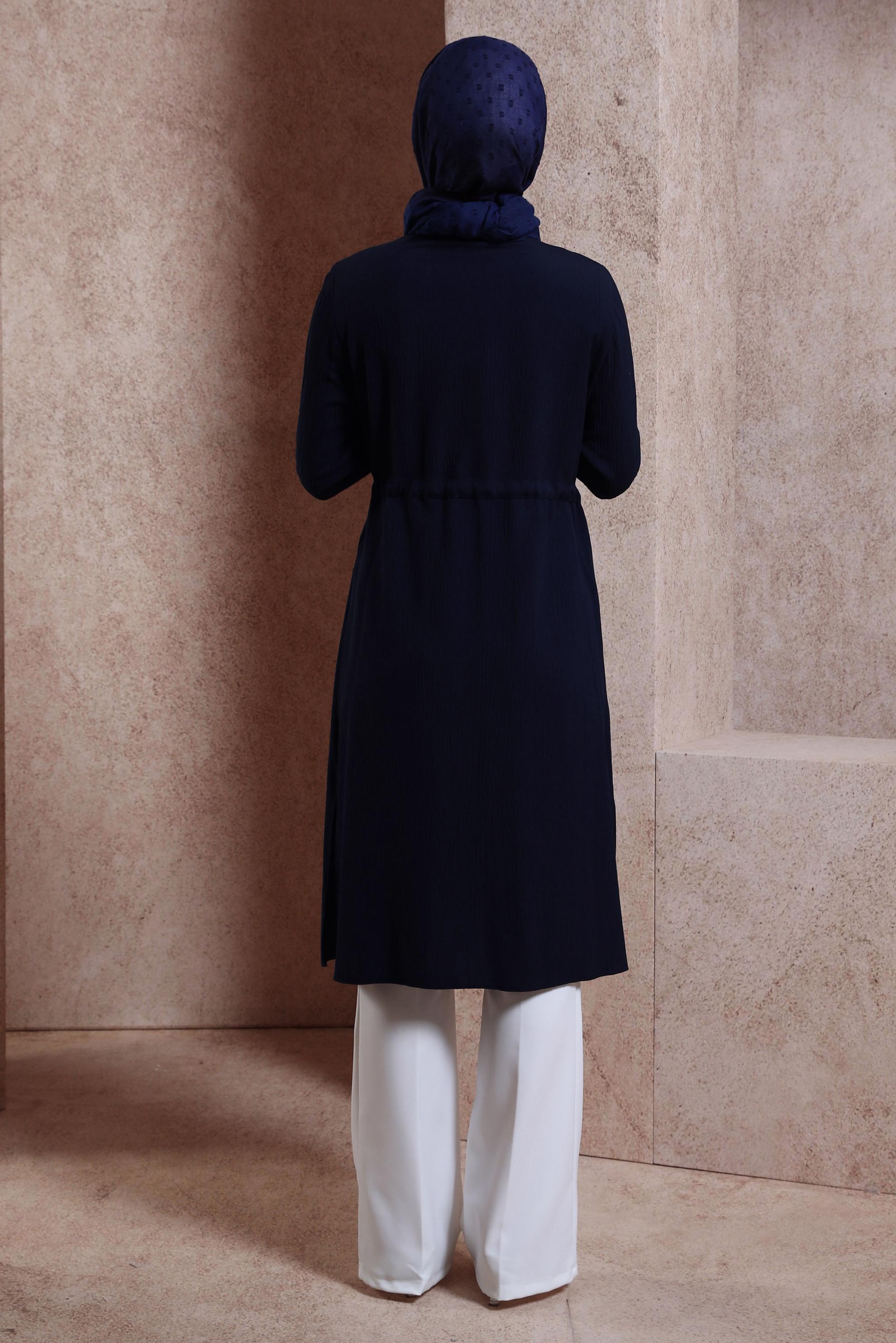 Tesettür giyim LACİVERT TAŞLI BELİ BÜZGÜLÜ TUNİK 43930