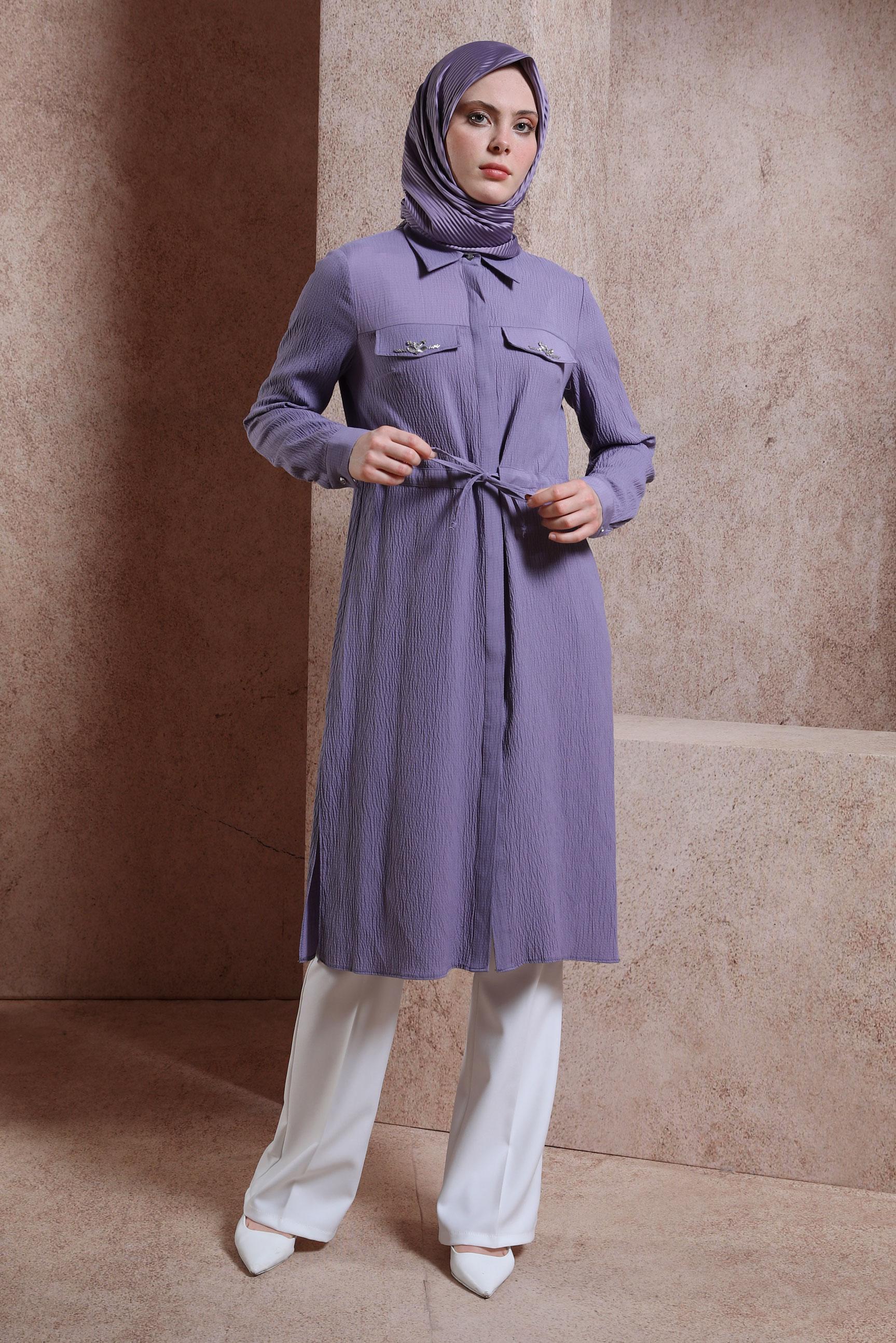 Tesettür giyim MÜRDÜM TAŞLI BELİ BÜZGÜLÜ TUNİK 43930