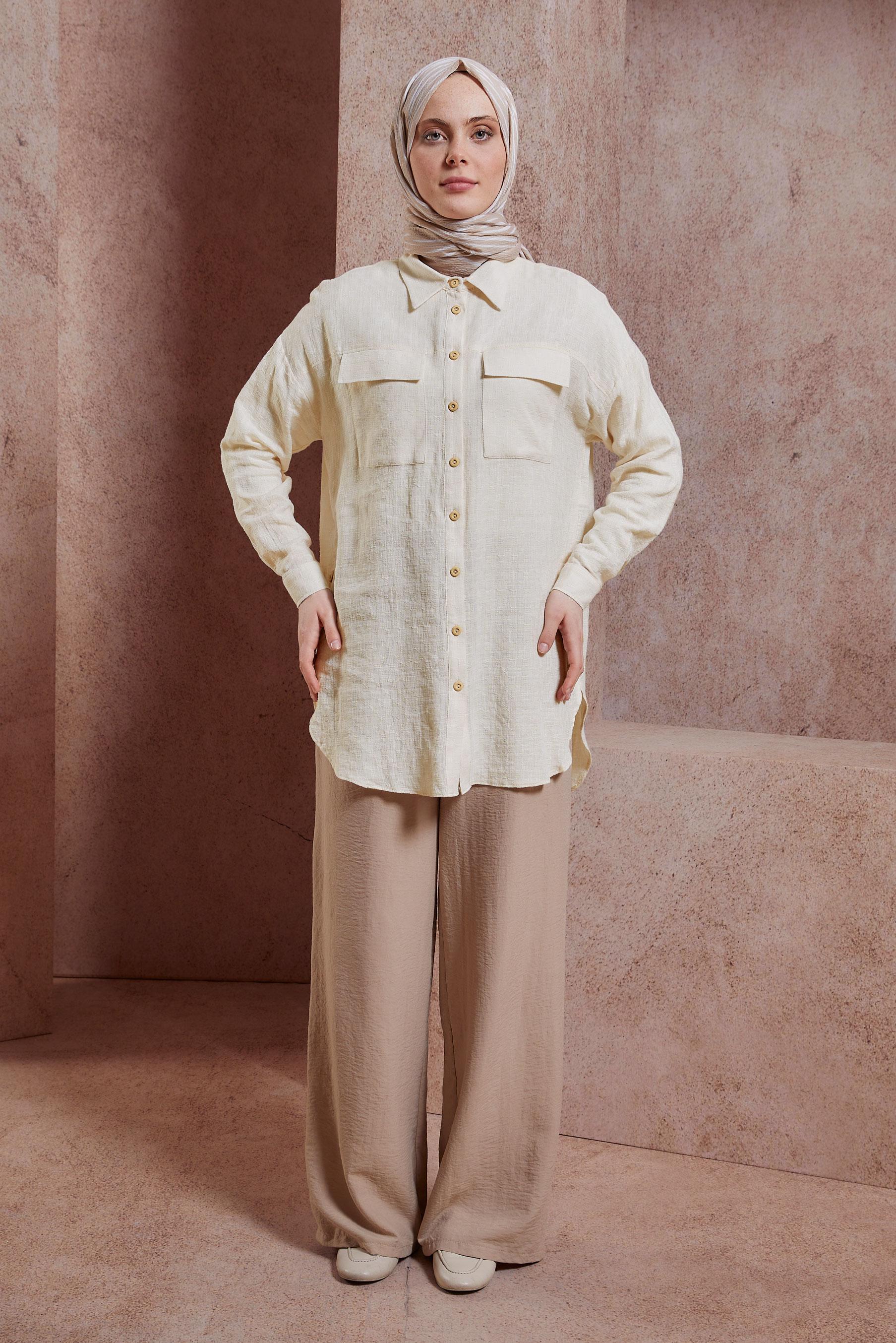 Tesettür giyim EKRU GÖMLEK TUNİK 44417