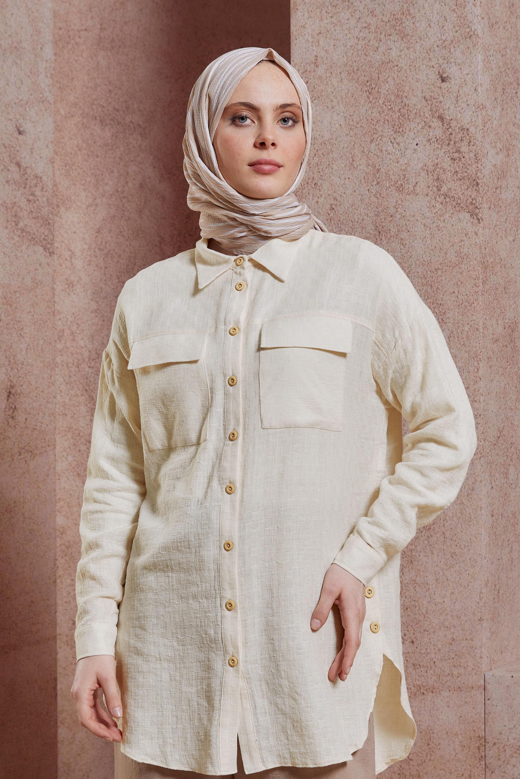 Tesettür giyim EKRU GÖMLEK TUNİK 44417