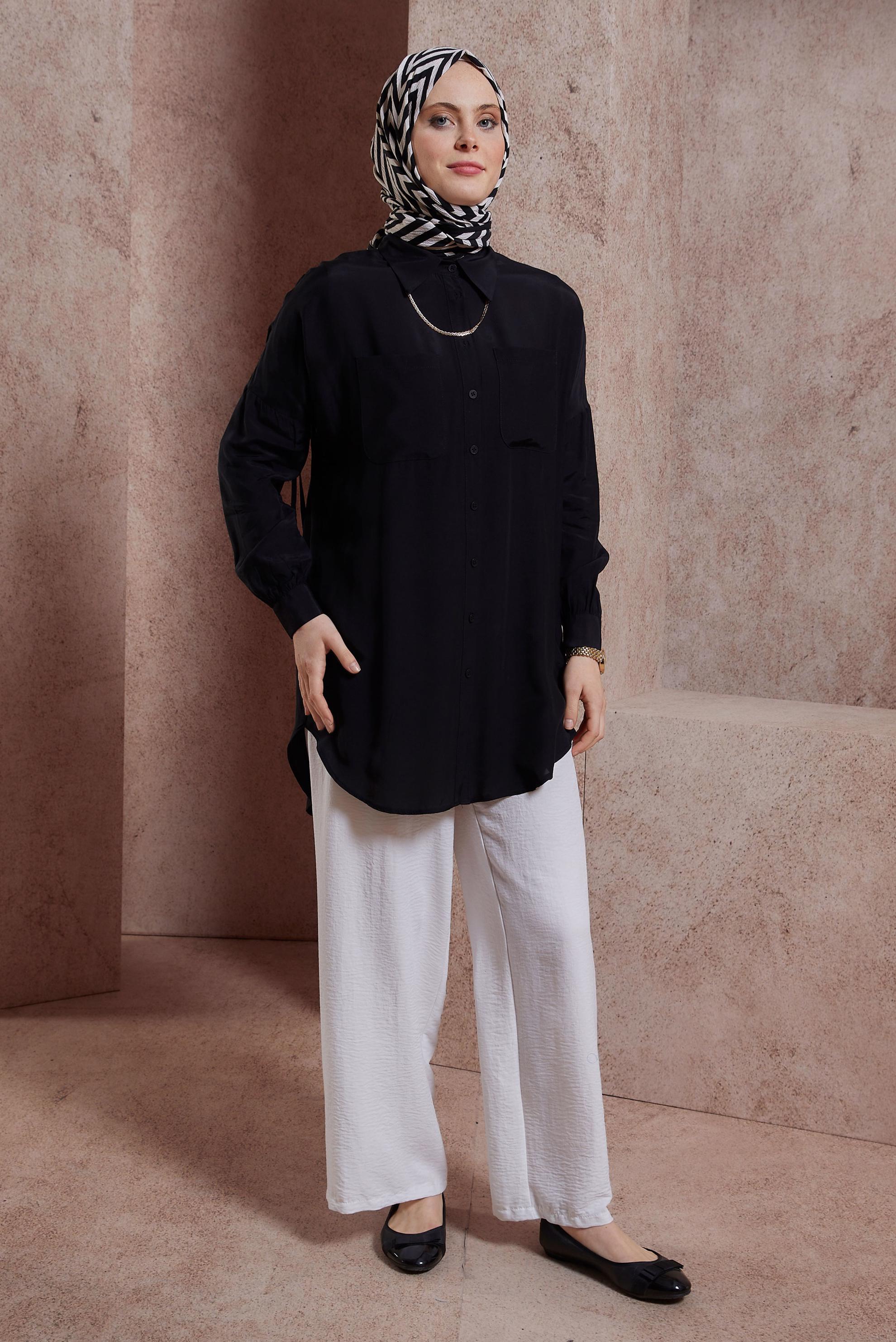 Tesettür giyim SİYAH BÜZGÜLÜ GÖMLEK TUNİK 44419