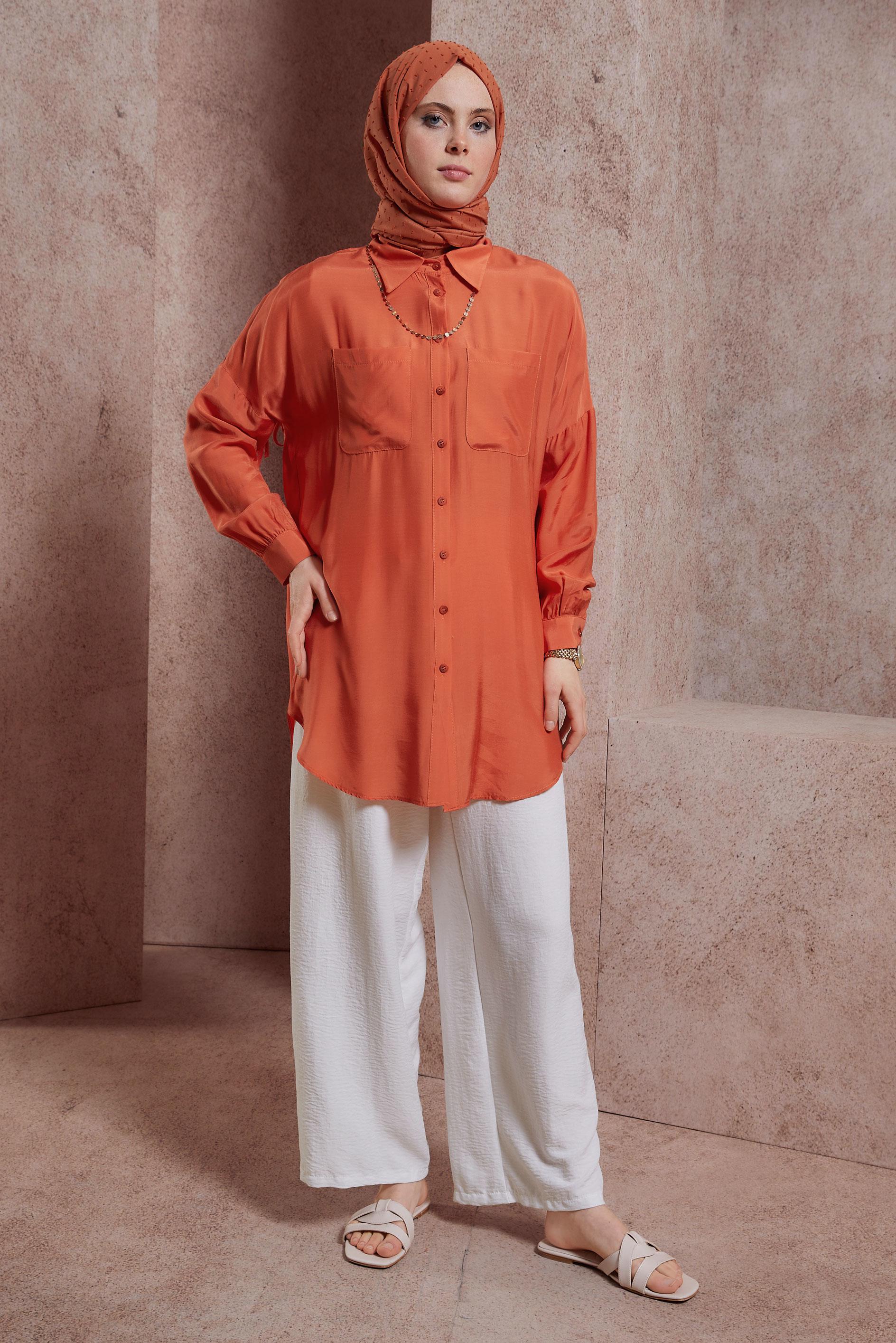 Tesettür giyim TURUNCU BÜZGÜLÜ GÖMLEK TUNİK 44419