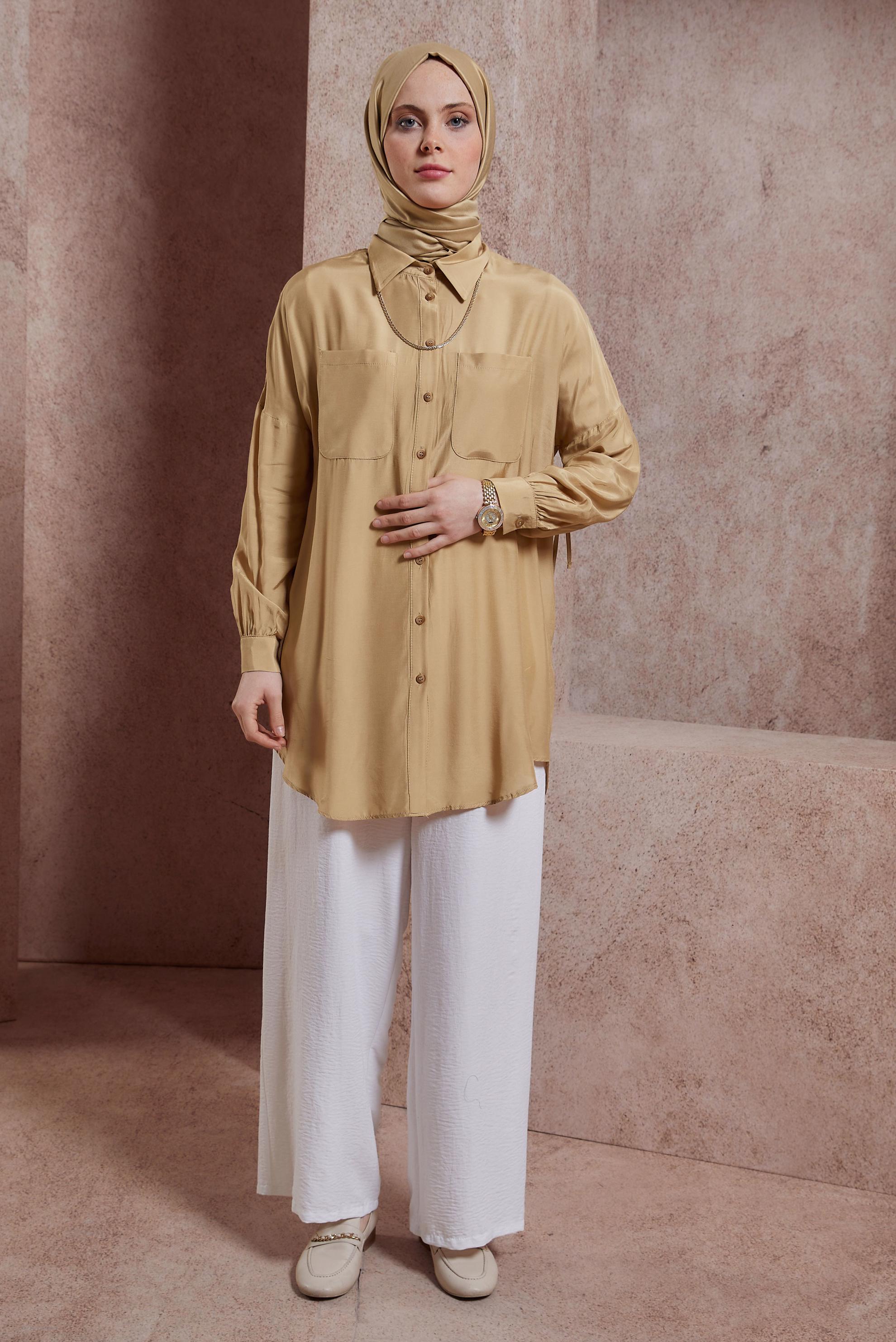 Tesettür giyim KAHVE BÜZGÜLÜ GÖMLEK TUNİK 44419
