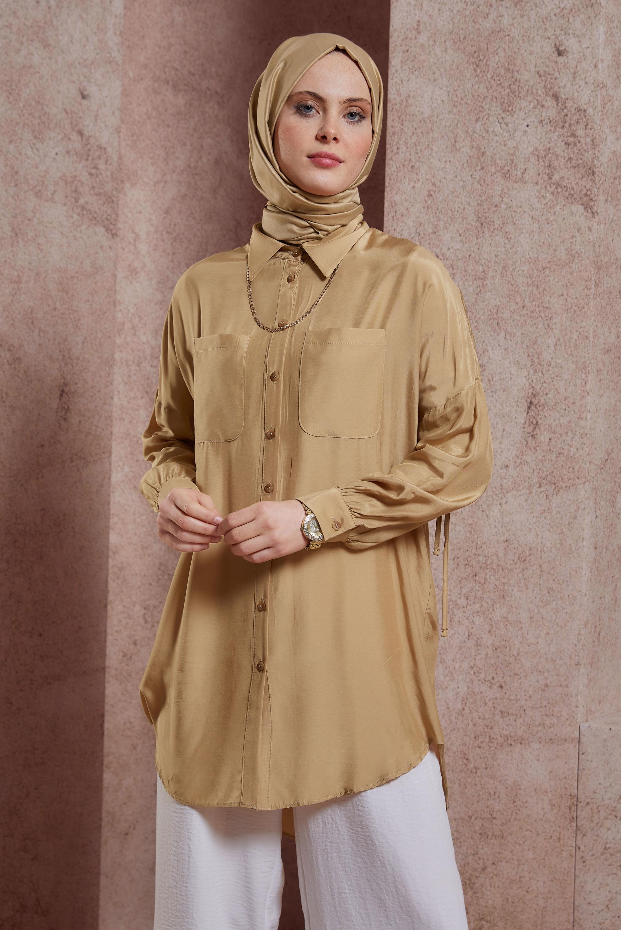 Tesettür giyim KAHVE BÜZGÜLÜ GÖMLEK TUNİK 44419