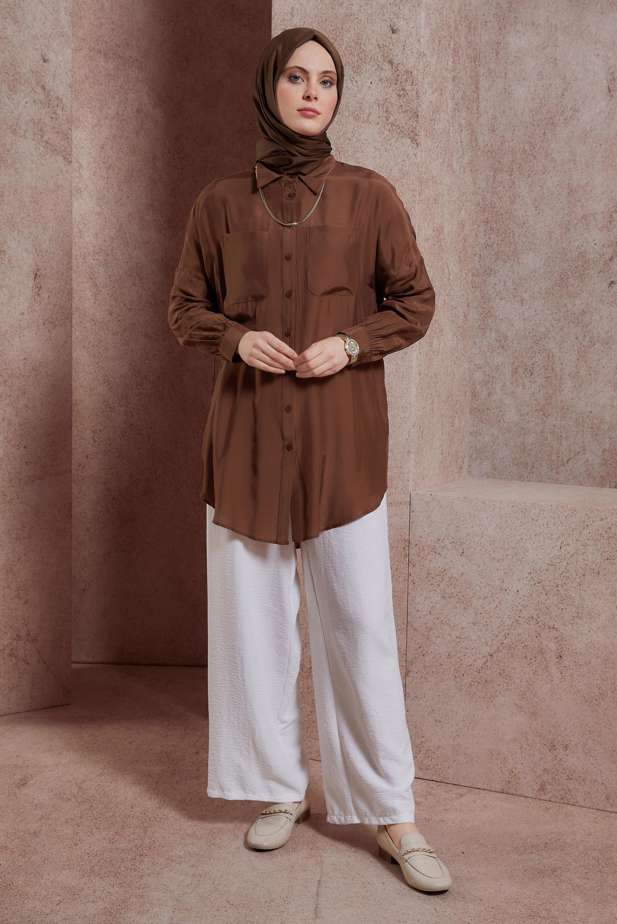 Tesettür giyim KAHVE BÜZGÜLÜ GÖMLEK TUNİK 44419