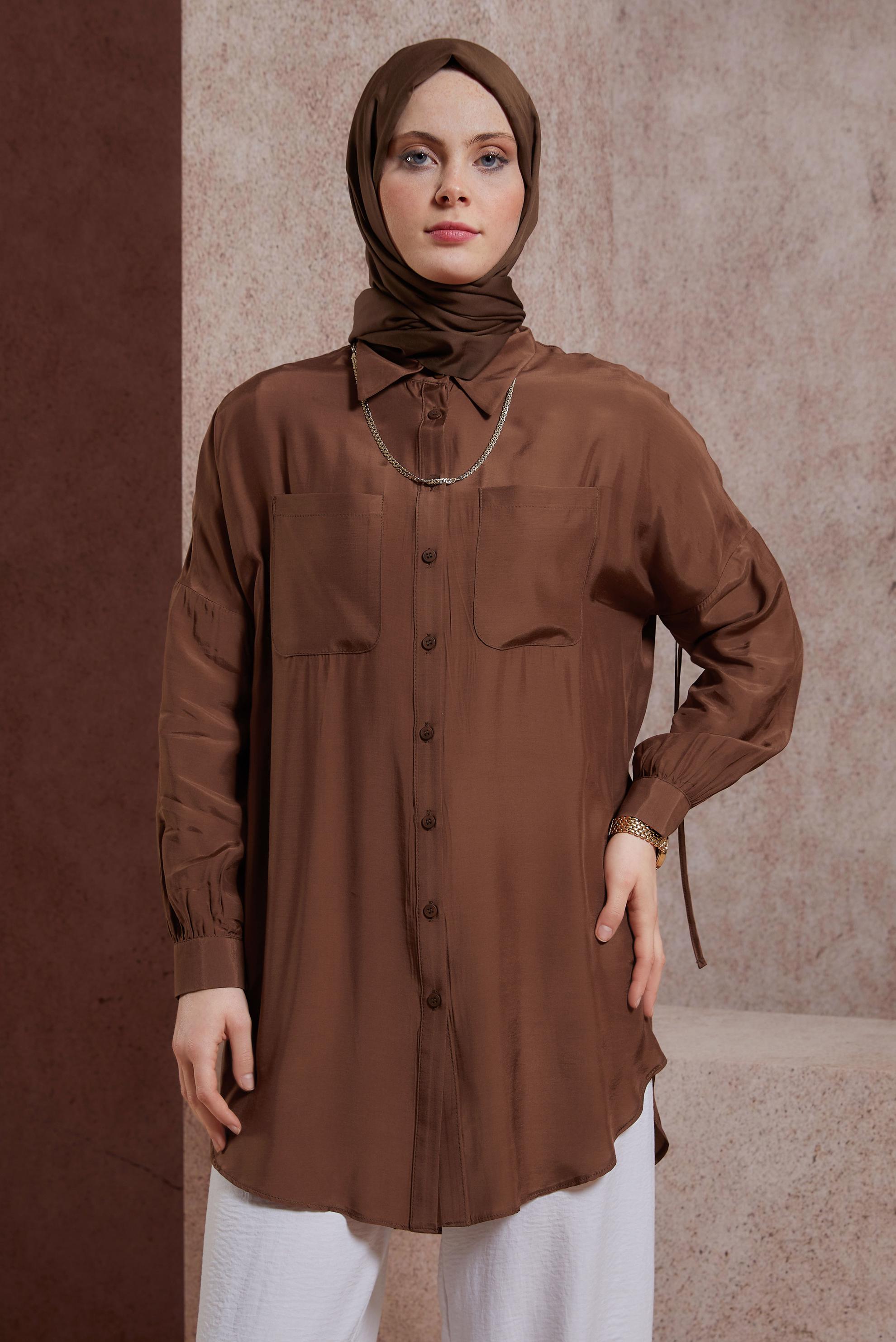 Tesettür giyim KAHVE BÜZGÜLÜ GÖMLEK TUNİK 44419