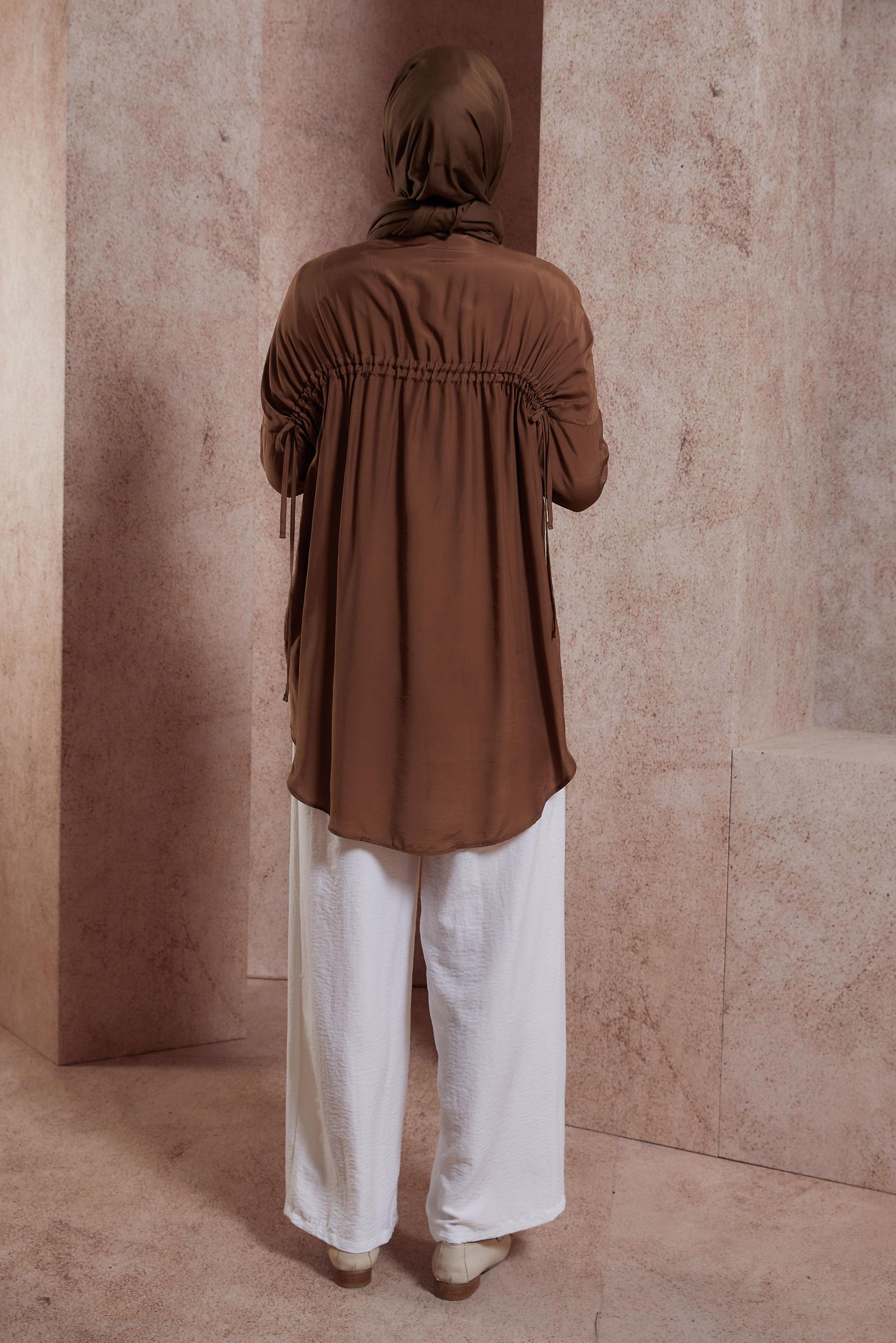 Tesettür giyim KAHVE BÜZGÜLÜ GÖMLEK TUNİK 44419