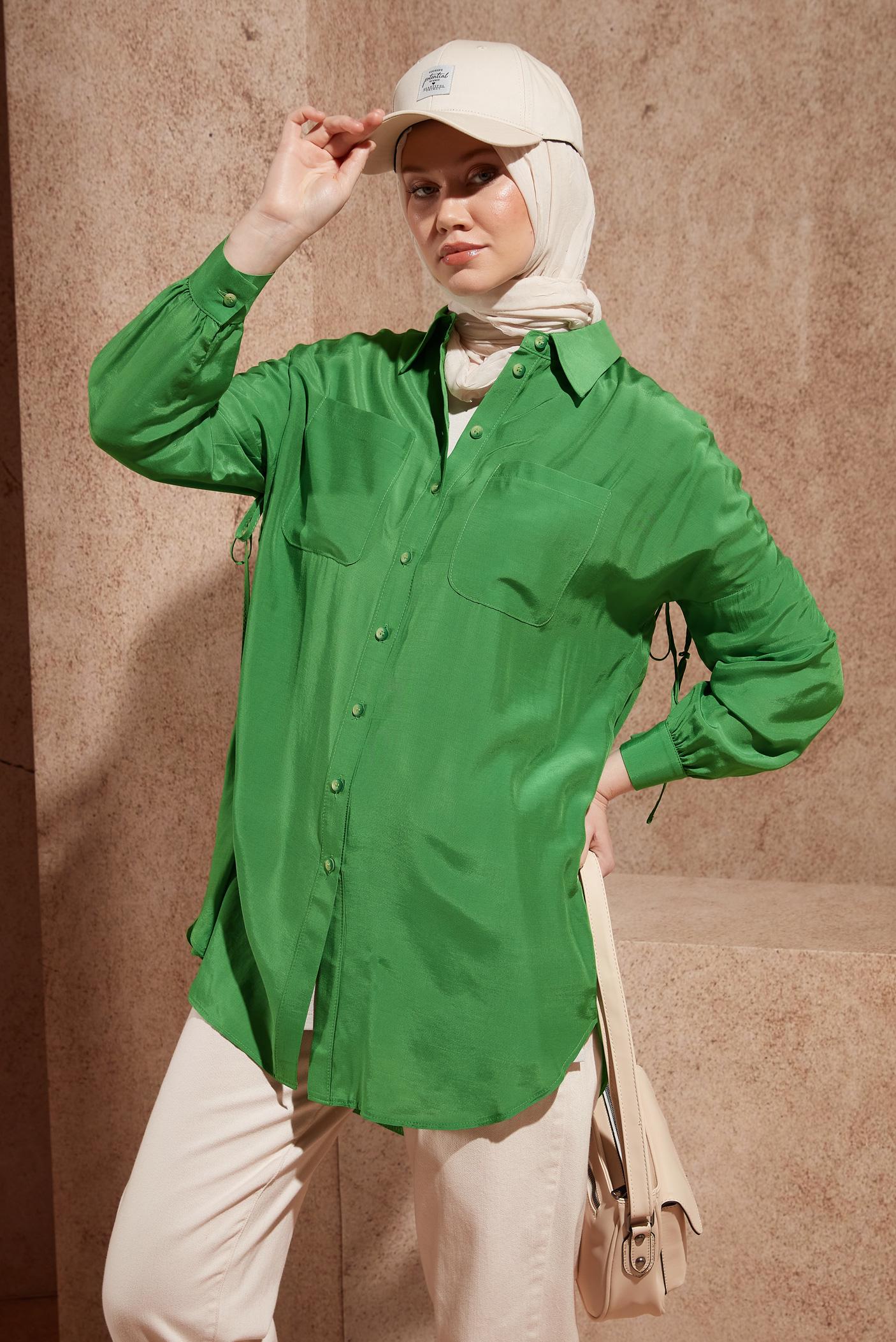 Tesettür giyim YEŞİL BÜZGÜLÜ GÖMLEK TUNİK 44419