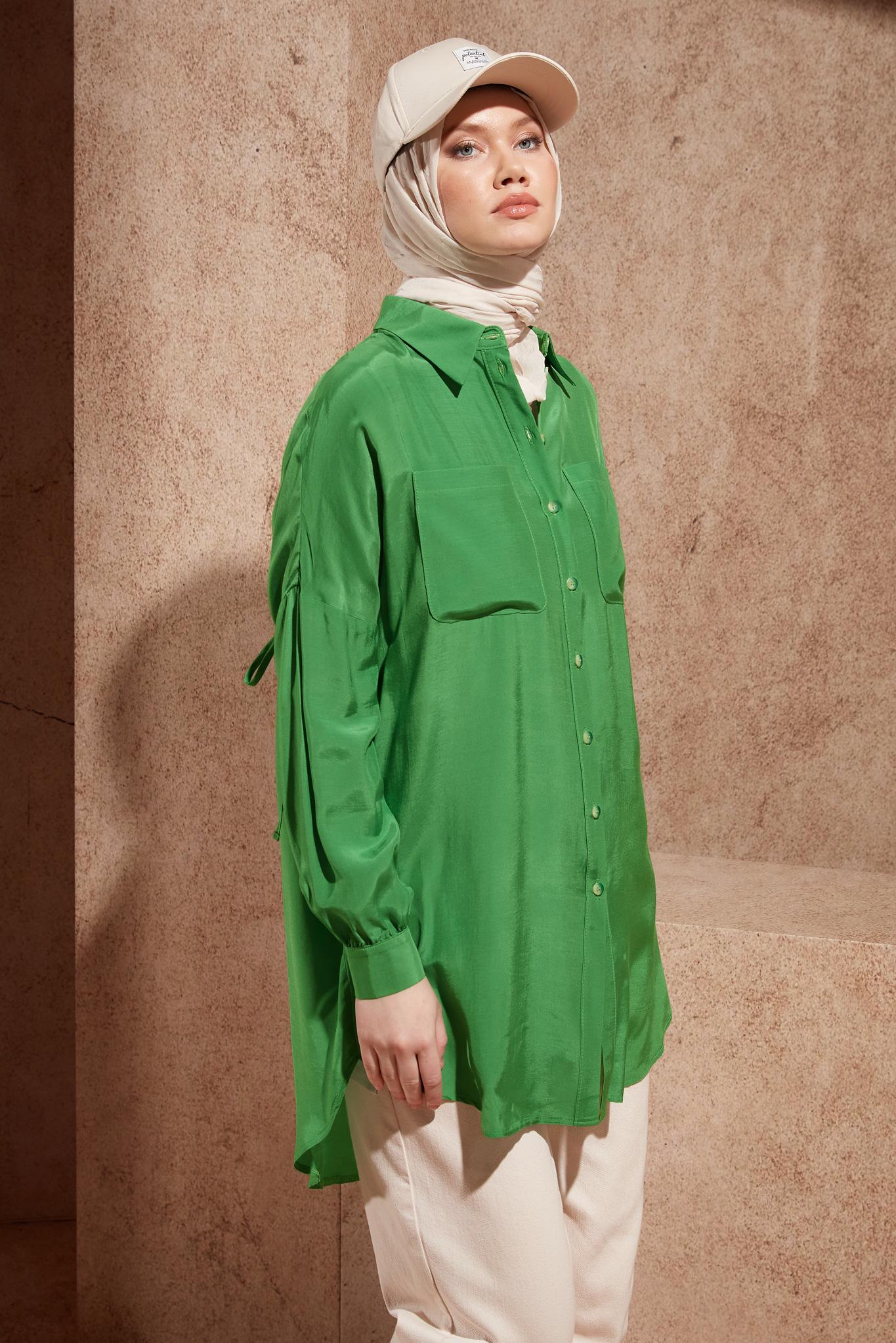 Tesettür giyim YEŞİL BÜZGÜLÜ GÖMLEK TUNİK 44419