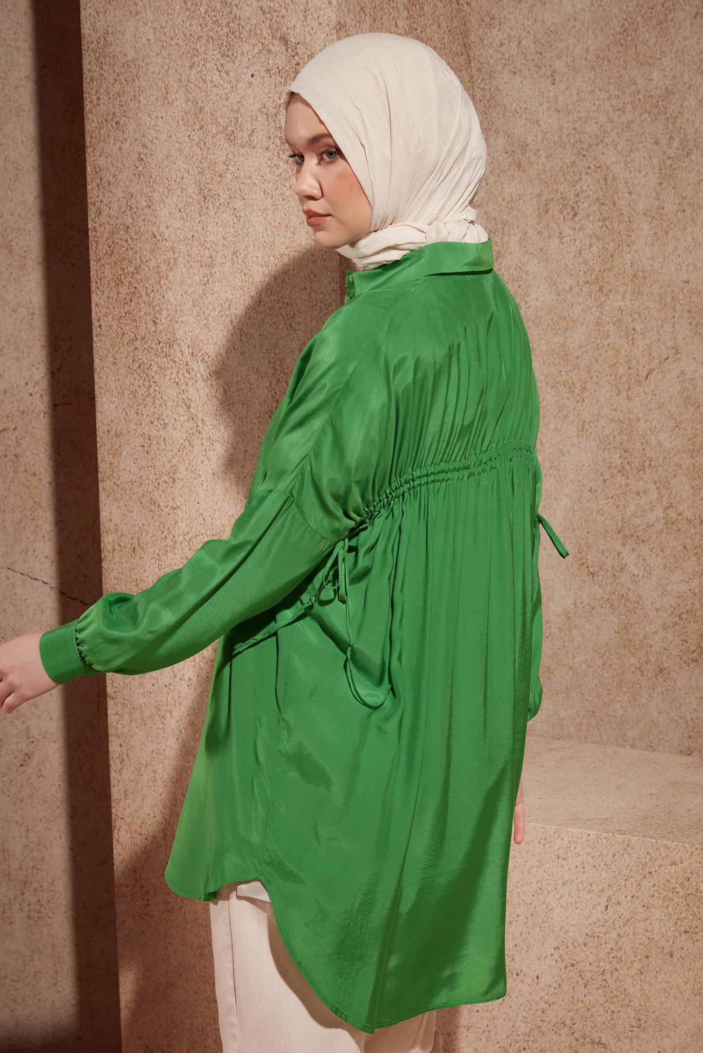 Tesettür giyim YEŞİL BÜZGÜLÜ GÖMLEK TUNİK 44419