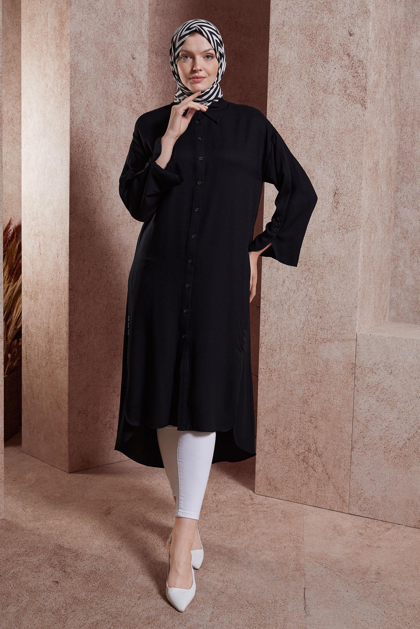 Tesettür giyim SİYAH UZUN VİSKON TUNİK 44420