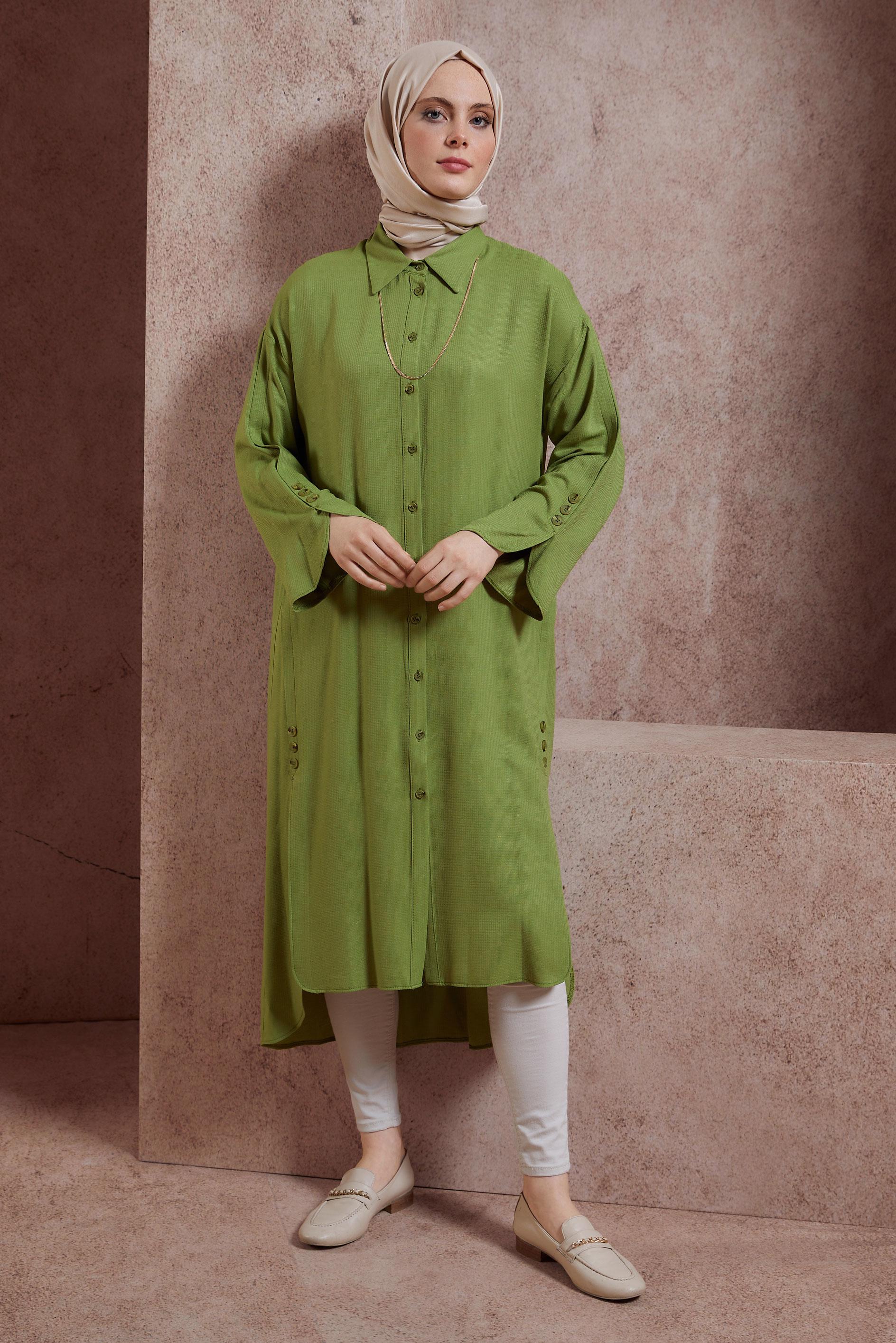 Tesettür giyim YEŞİL UZUN VİSKON TUNİK 44420