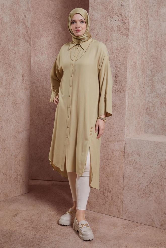 Tesettür giyim KAHVE UZUN VİSKON TUNİK 44420 - ALVİNA
