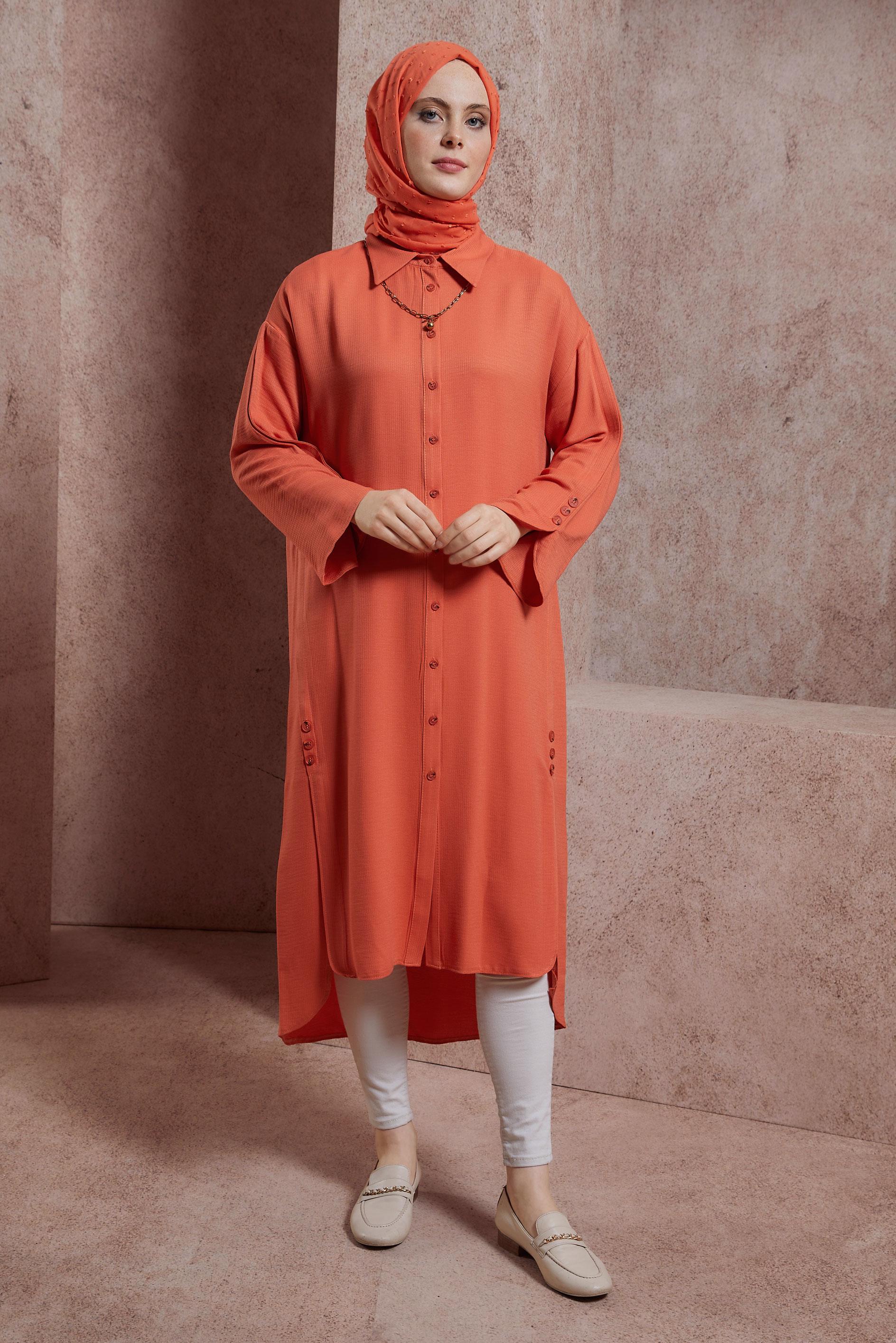 Tesettür giyim TURUNCU UZUN VİSKON TUNİK 44420