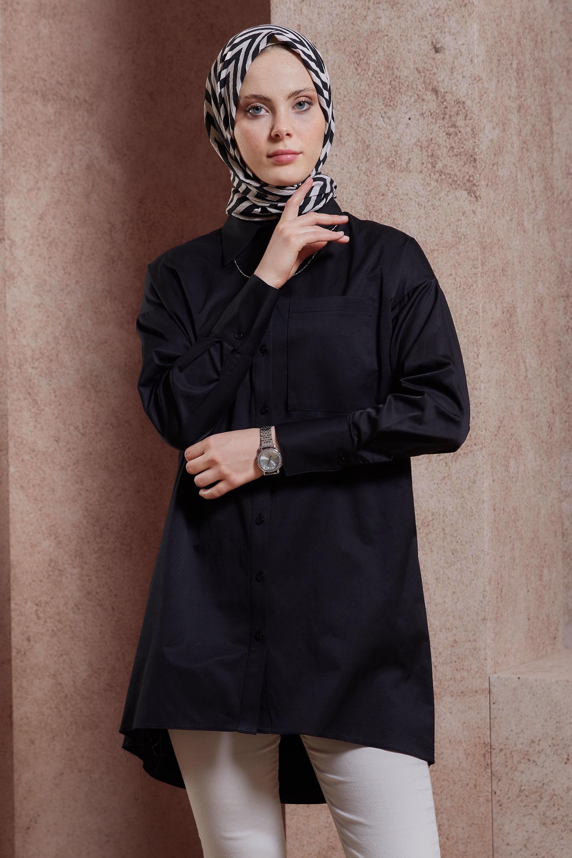 Tesettür giyim SİYAH SATEN GÖMLEK TUNİK 44421