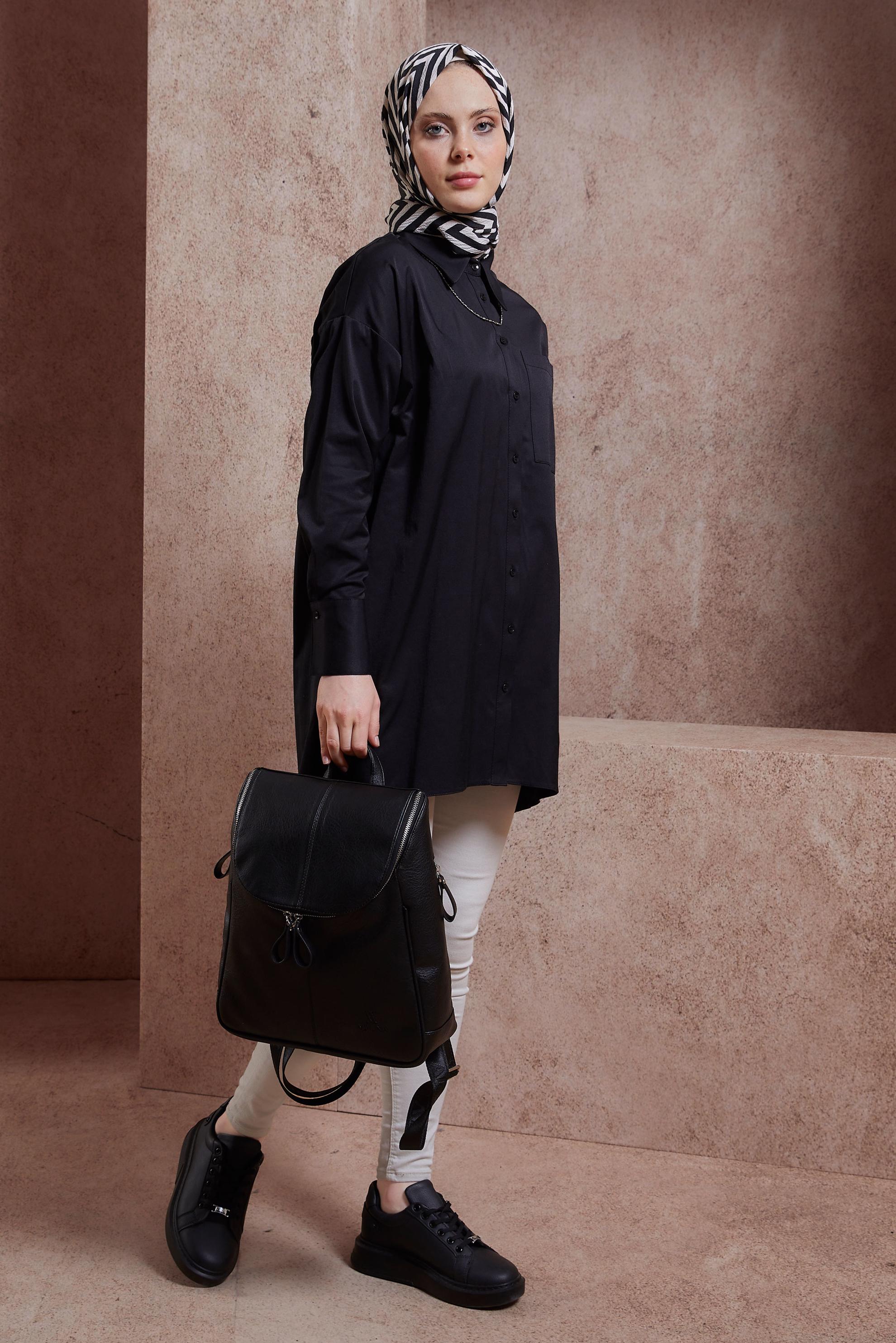 Tesettür giyim SİYAH SATEN GÖMLEK TUNİK 44421