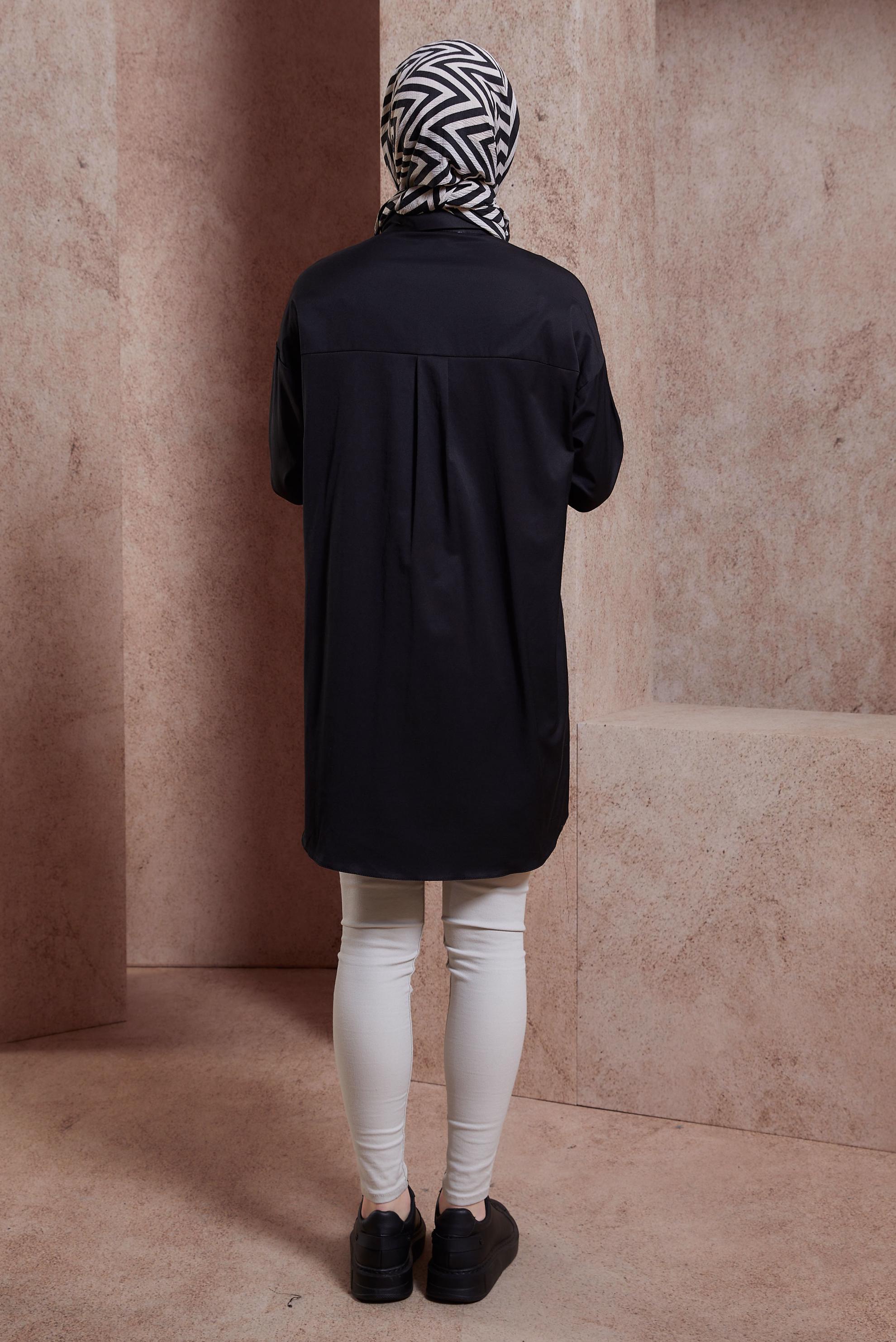 Tesettür giyim SİYAH SATEN GÖMLEK TUNİK 44421